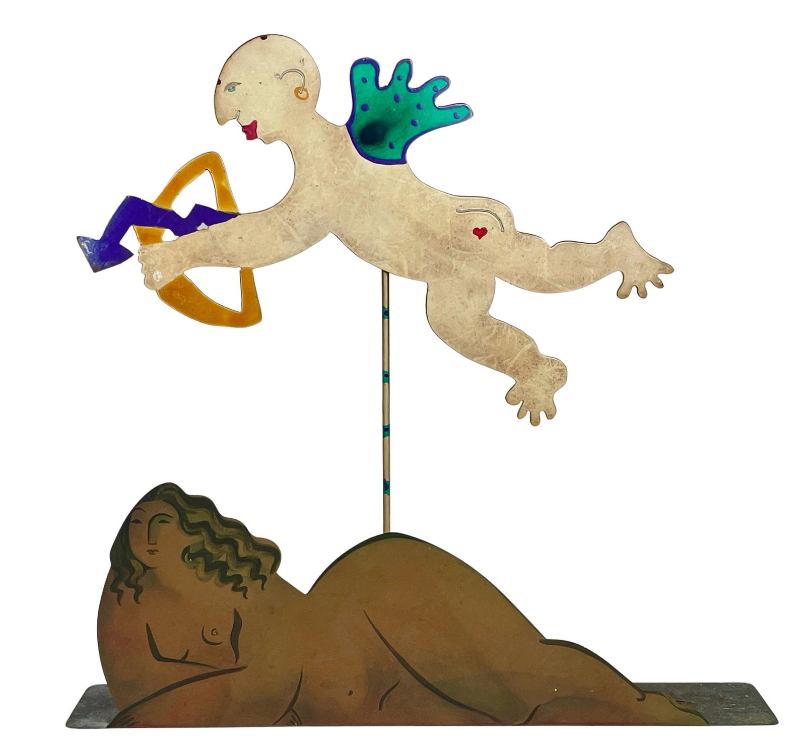 Pair of Metal Work Sculptures: Folk Art Painted Metal Cupid by Judie Bomberger. Cut metal and painted construction fused / welded to a stand. Ht. with stand is 20.25." Along with a reclining nude painted freestanding cutout by Sara