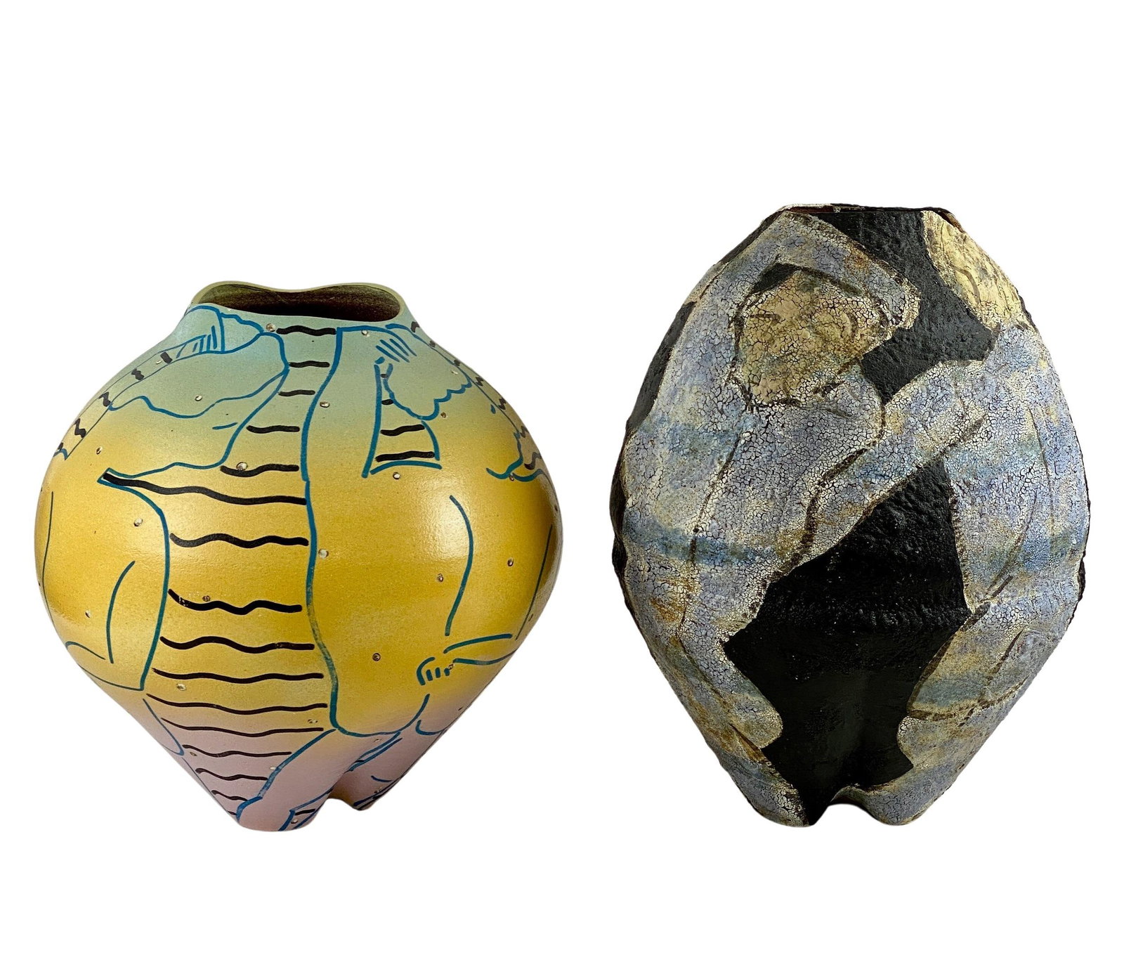 Pair of Large Ceramic Floor Vases, Signed: Each signed "B. Minford" or similar to the underside and each dated 1985. A raku version and a colorful matte glaze example, both decorated with Cubist figures. Tallest is 21.5"