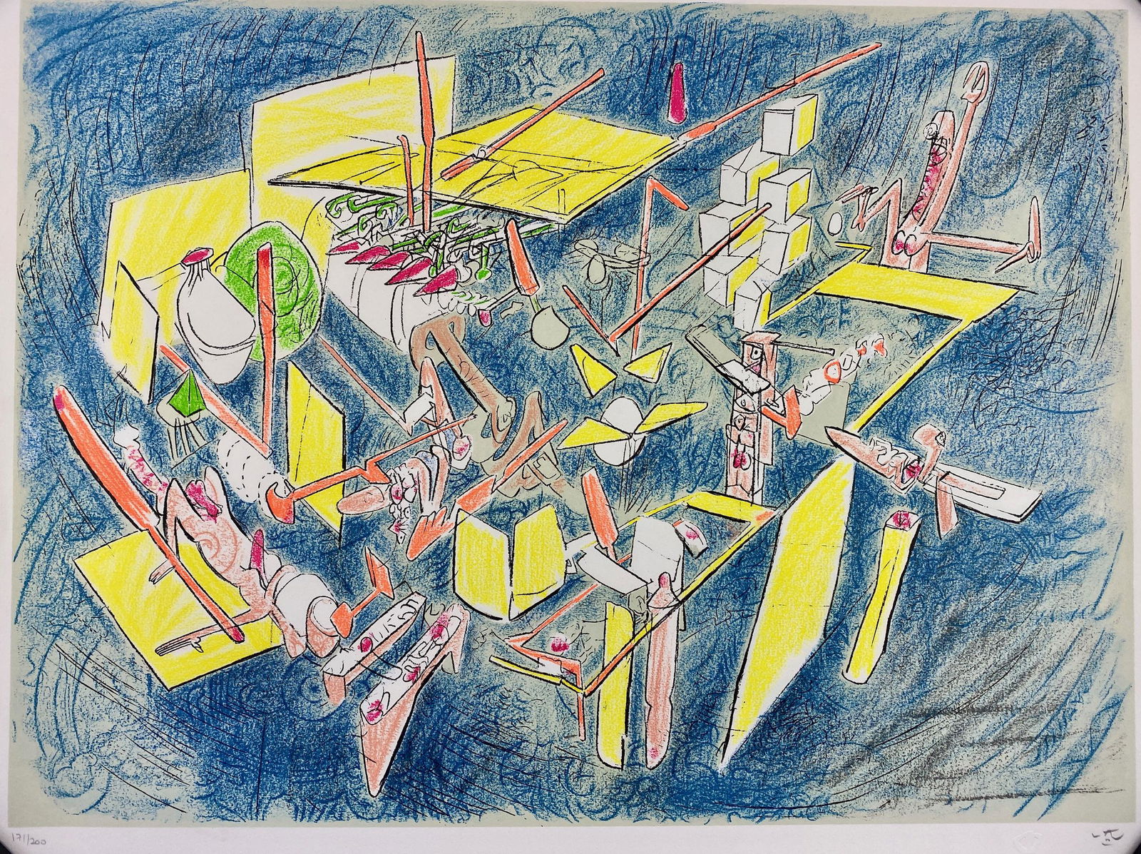 Roberto Matta (Chilean, 1911-2022) "Octravi" Lithograph: Lithograph in colors on heavy wove paper, signed in graphite to the lower right with artist's embossed symbol. Edition 171/200. Printed by F.M. Bonnet 1980. Plate is 22" ht. x 30" wd. Unframed.
