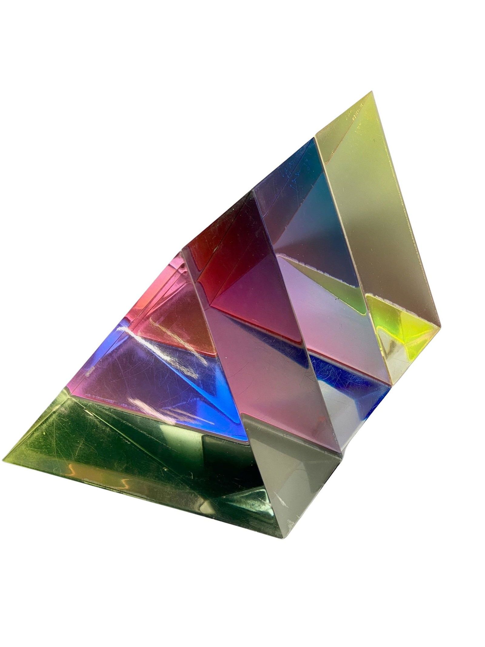 Van Teal Colored Lucite Triangular Scuptures: Hivo Van Teal, a trio of triangular lucite sculptures, each signed and dated 78, and each a different tone of color. Each ht. 5".