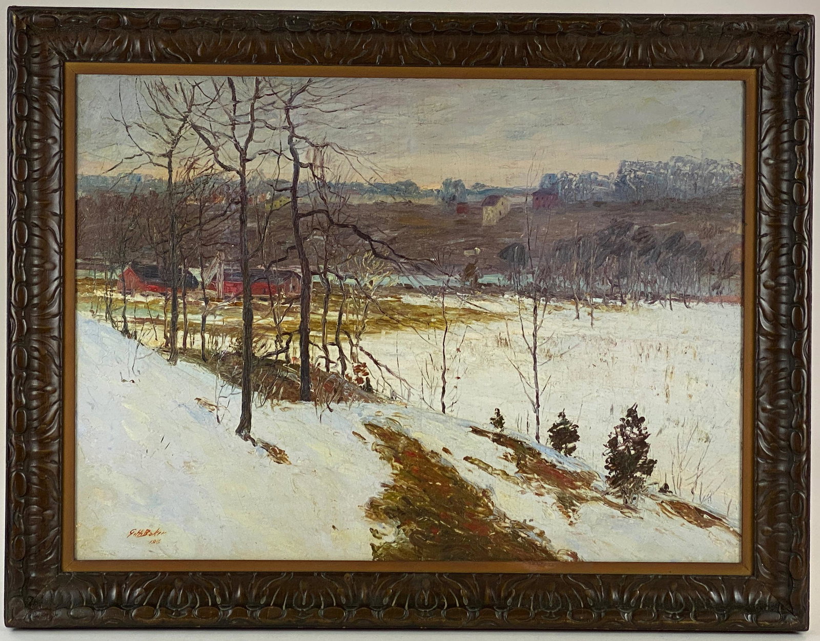 Indiana Winter Landscape by George Baker: George Herbert Baker (American/Indiana, 1878-1943). Oil on canvas, possibly depicting Richmond, Indiana, signed and dated 1915, l.l. Emblematic of Baker's most mature work, and a large example. 21.5"