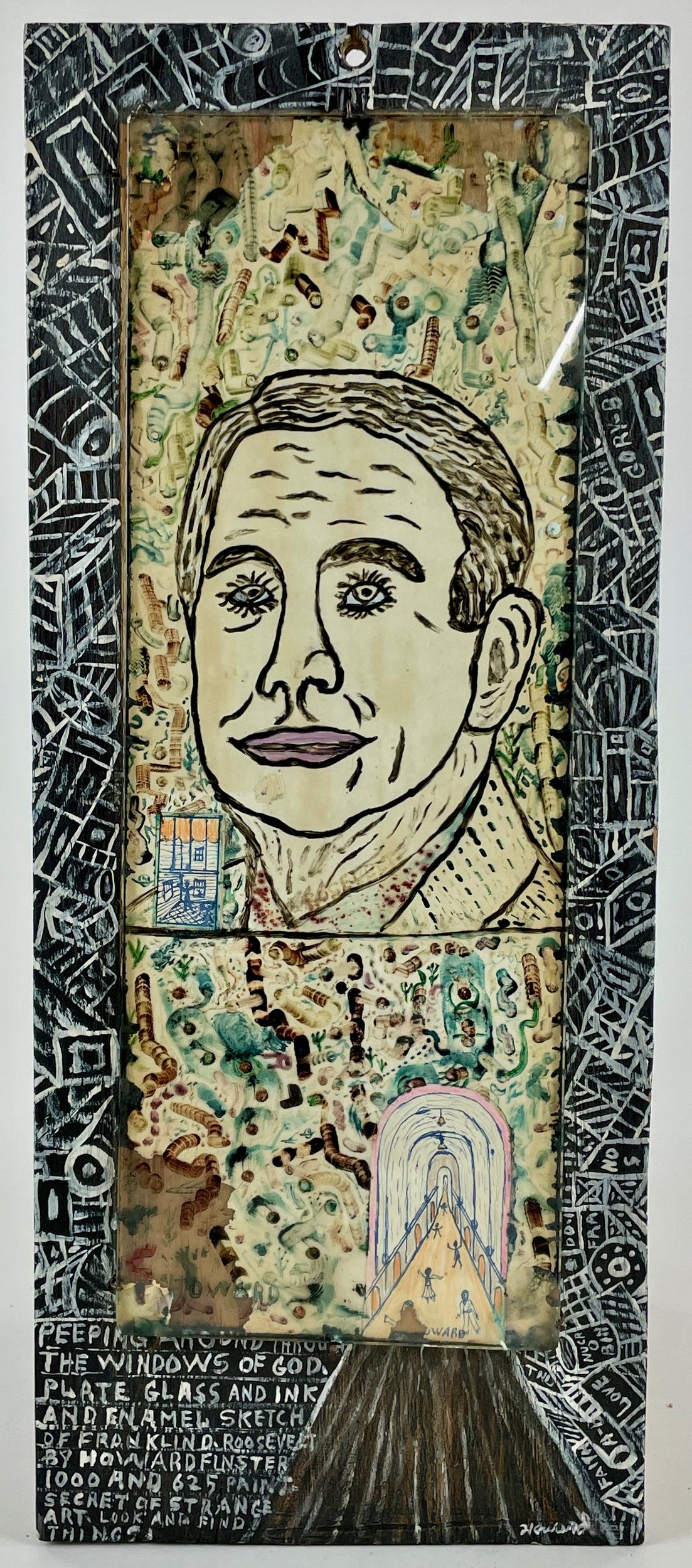 Howard Finster Glass Covered Painting of F.D.R.: Howard Finster (American, 1916-2001). A highly detailed portrait by Finster depicting Franklin D. Roosevelt in plate glass and ink with enamel sketch. The painting is numbered 1,625 in the lower left 