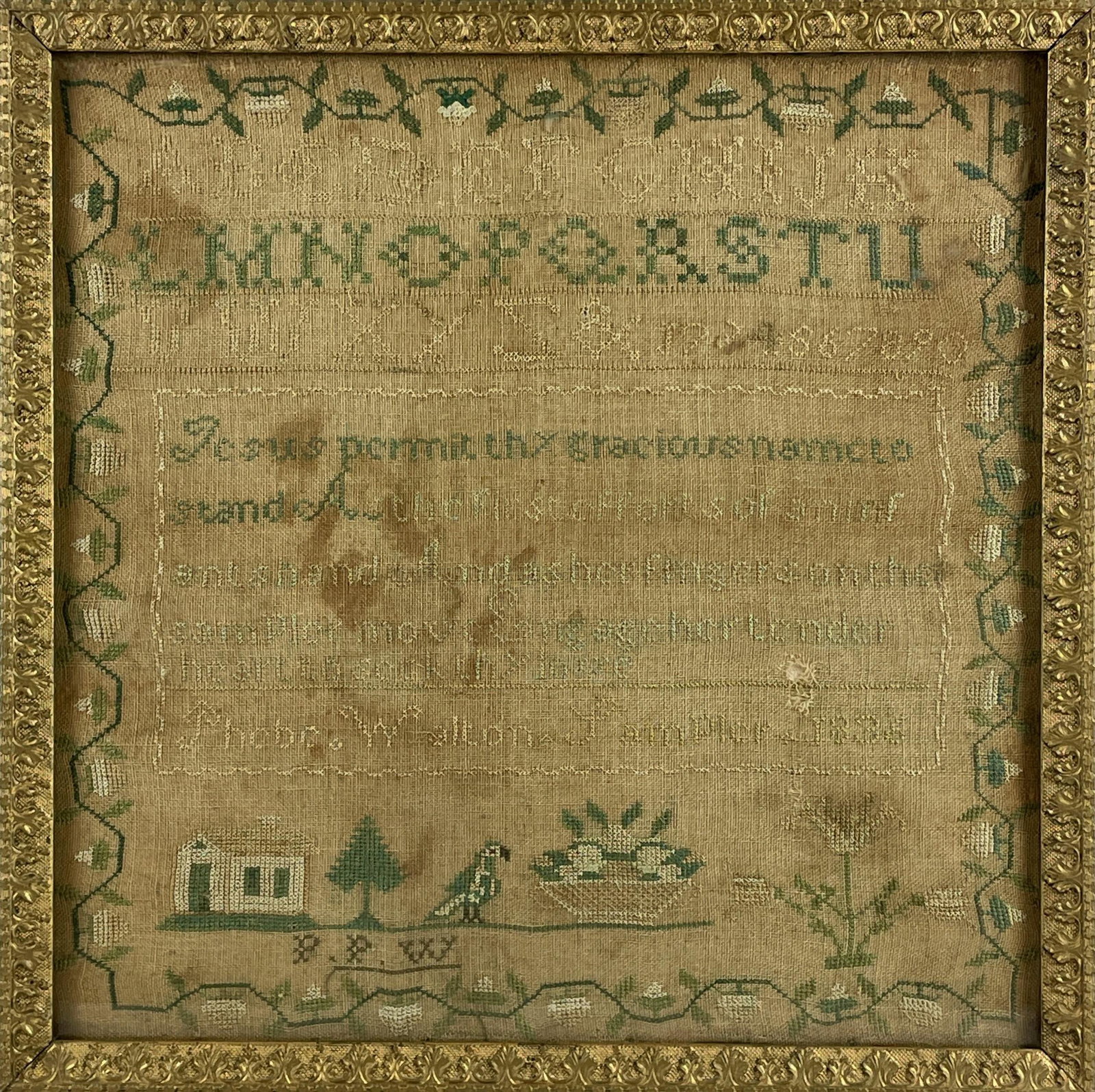 Phebe Walton's Sampler, 1836: American, 1836, a sampler produced with border, alphabet, and pictorial lower portion. 19.5" x 19.5" (framed). From the estate and li