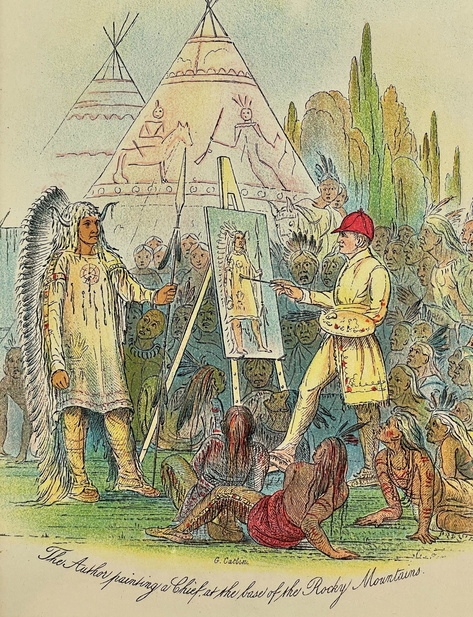 Catlin Lithograph, "Author Painting a Chief": Color lithograph, after George Catlin, published 1878. From the frontispiece of "History of the manners, customs and conditions of the North American Indians", figure 1. A compelling image that does n