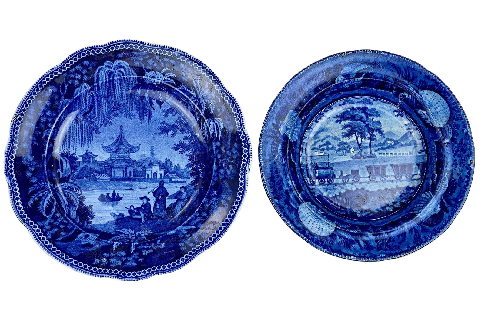 Clews and Wood & Sons Rare Blue Transferware: Including a Wood & Sons "Baltimore & Ohio Railroad" plate, as well as a Clews Chinese scene. Each marked to underside. Largest diameter 10.5".