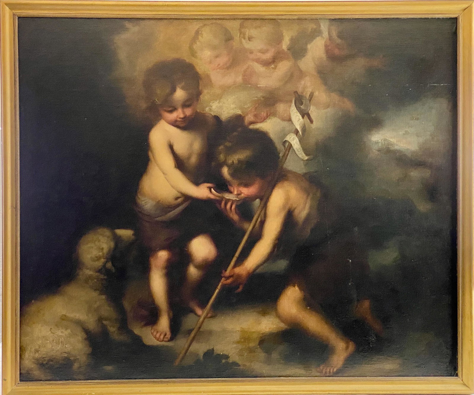 19th Century Copy of Murillo's "Infant Christ and St. John": An early 19th century oil on canvas, laid to board, a substantial copy of Bartolome Esteban Murillo's "Infant Christ Offering Drink to St. John", signed lower right M. Alonso. 43" x 51" (framed). Note