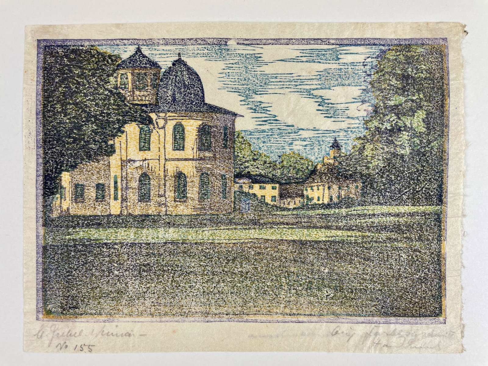 "Goethe's Garden House" by Margarethe Geibel: Margarethe Geibel (Germany/Weimar, 1876-1955). Color woodblock on rice paper, depicting the storied German author's garden house from a view through the grounds. Signed, noted for Weimar, and numbered