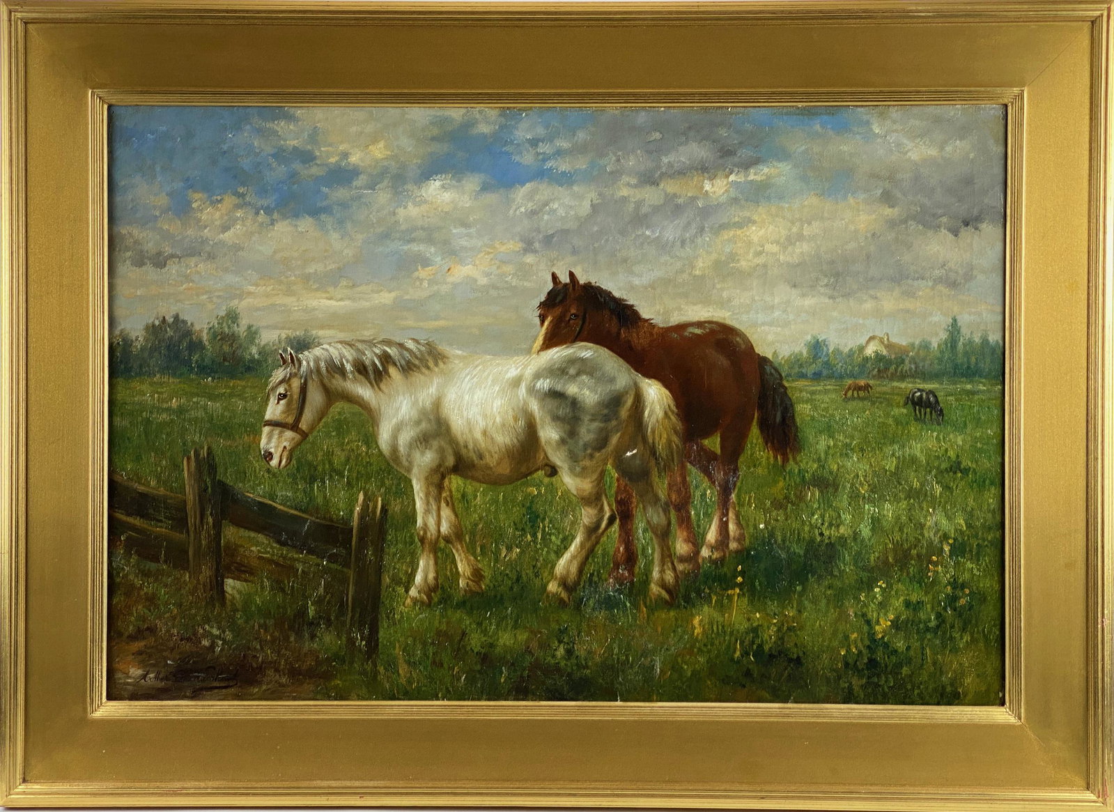 Arthur De Waerhert, Horses in a Pasture: Arthur De Waerhert (Belgian, 1881-1944). Oil on canvas. Sizable landscape of horses at pasture, with farmhouse to the background and fence in foreground. Signed to the lower left 23.5" x 35" (sight); 