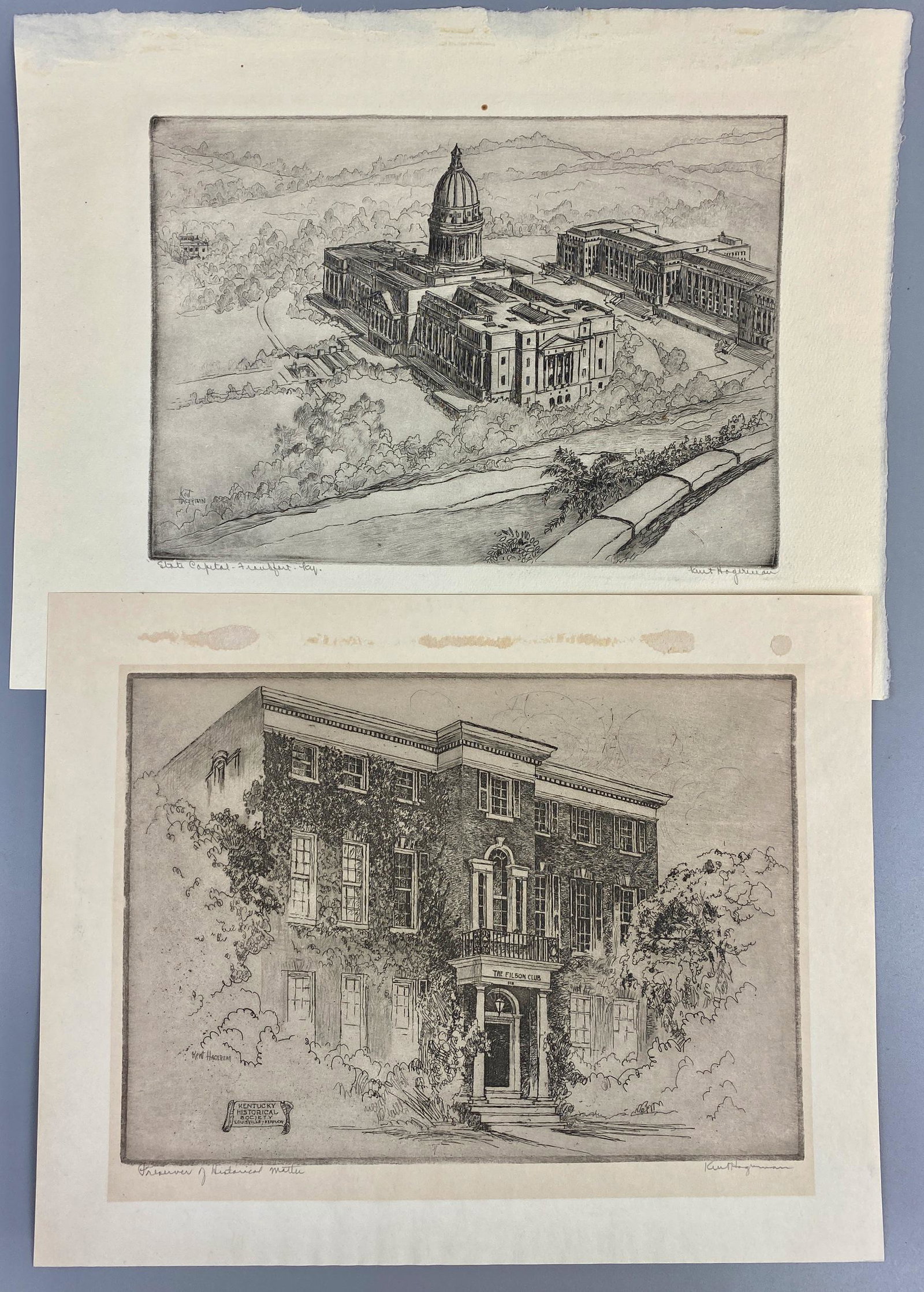 Pair of Kent Hagerman Kentucky Etchings: Depicting the Kentucky Historical Society and the state capital in Frankfort, respectively. Each sheet size: 10" ht. x 12.75" wd.