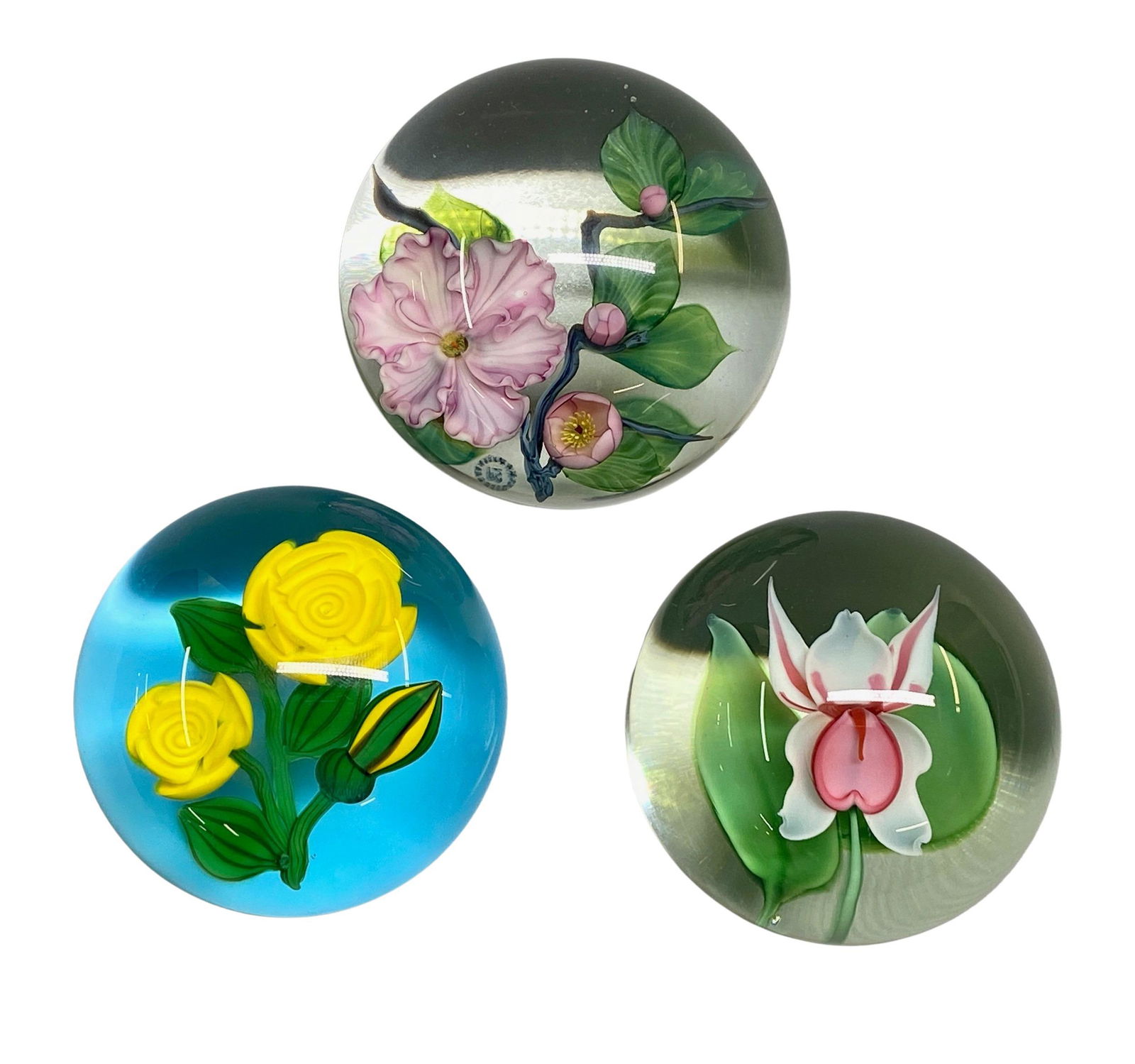 3 Signed Glass Floral Paperweights (1 of 12)