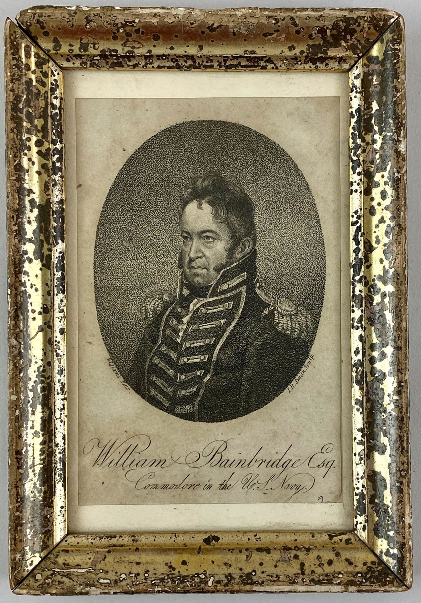 John Rubens Smith, William Bainbridge Engraving: Artist Henry Williams (1787-1830) and engraver John Rubens Smith (1775-1849) depiction of William Bainbridge, circa 1815-1820, engraving. Housed in a simple frame. Plate size: 4" ht. x 3" wd. From the