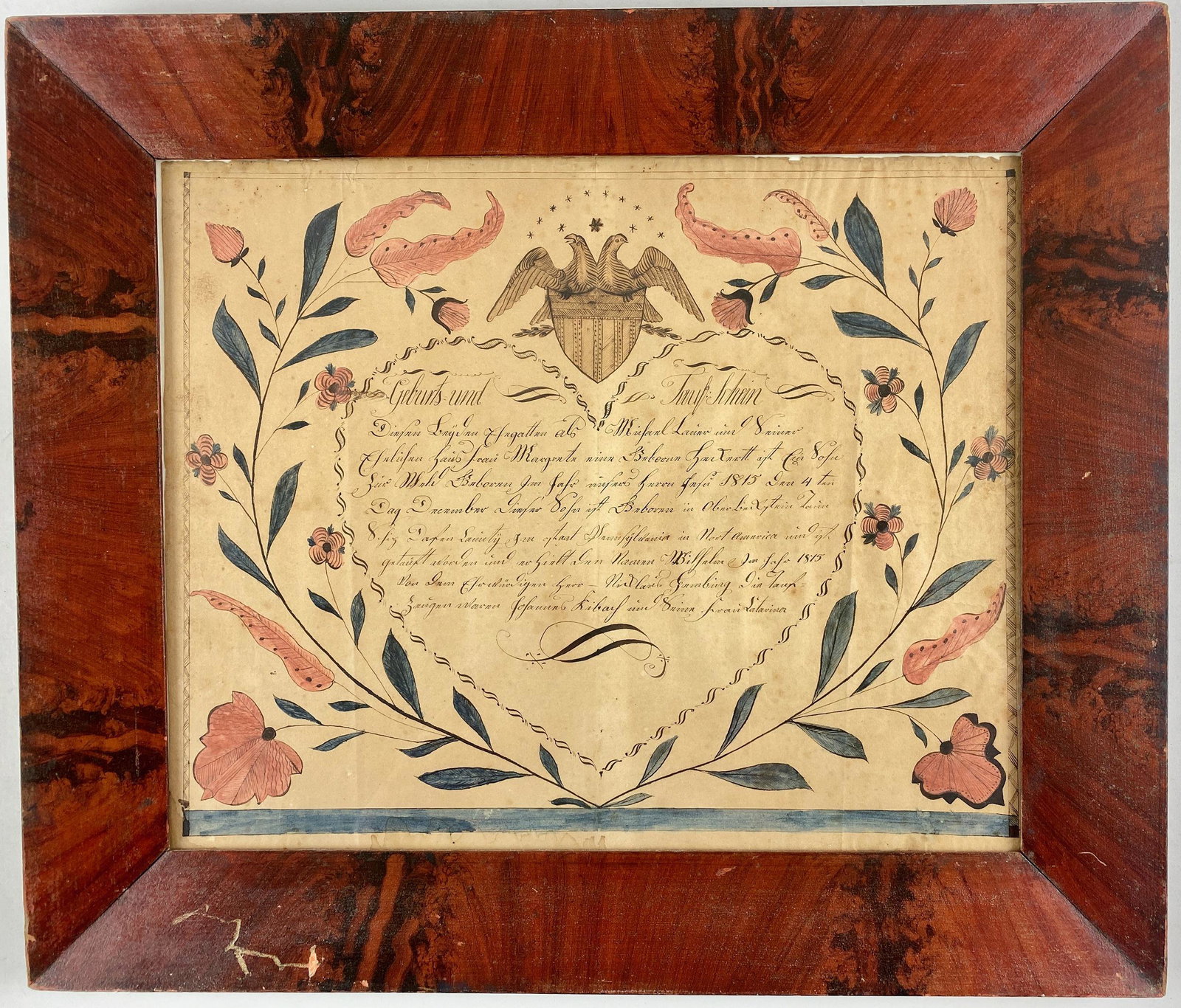 Early 1815 Pennsylvania German Fraktur: A heart shaped ring forms the framework for the text in center, with two eagles above atop a crest. Florals surround the entire piece, retaining excellent color. Sight size: 12.5" ht. x 15.5" wd., fra