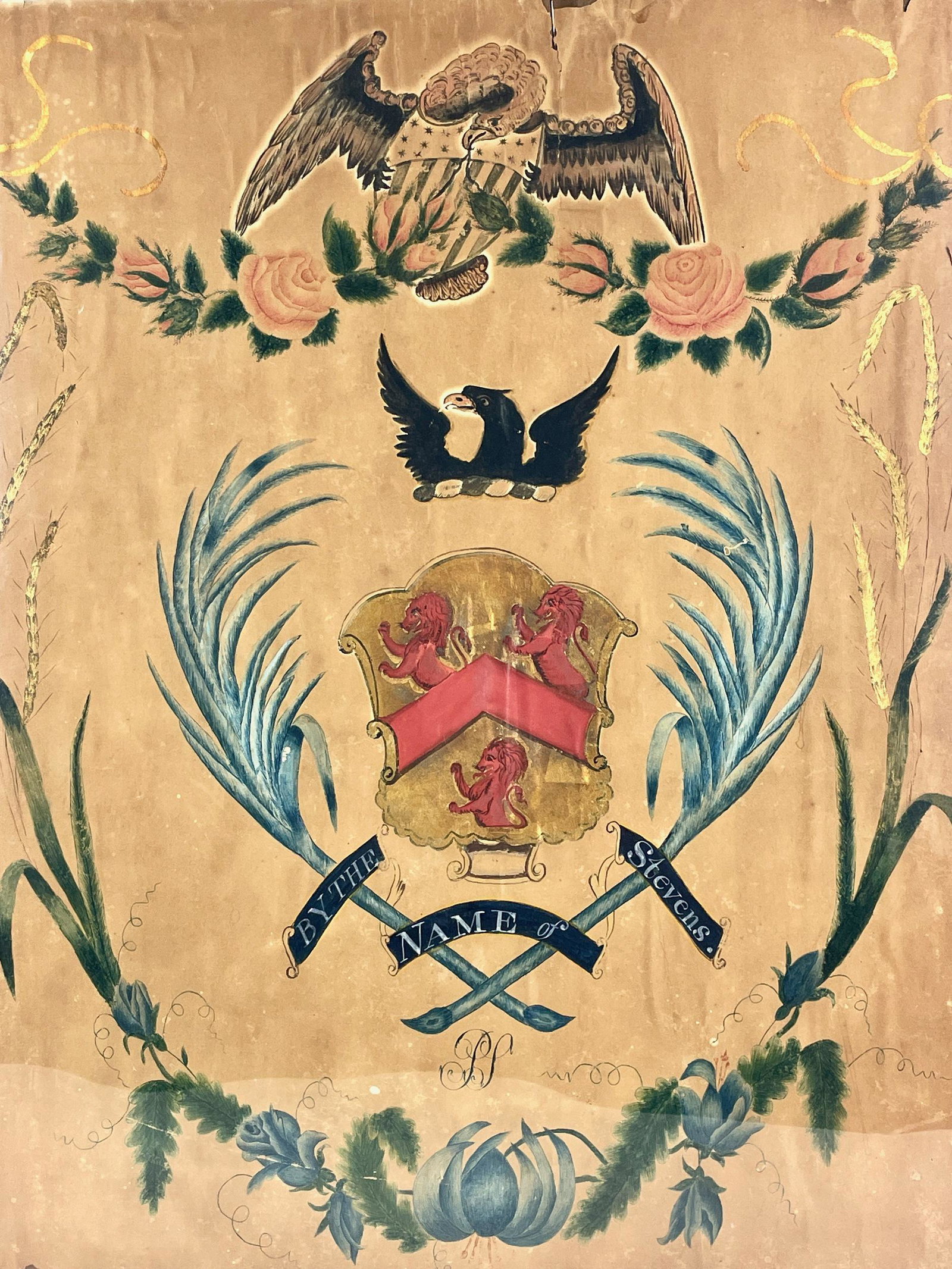 American Pictorial Folk Art Painted Family Crest: Executed in watercolor, ink, gilt on paper. Reading "By the name of Stevens" with initials in the lower center. Family crest in center with trio of lions and patriotic eagles above. On paper laid down