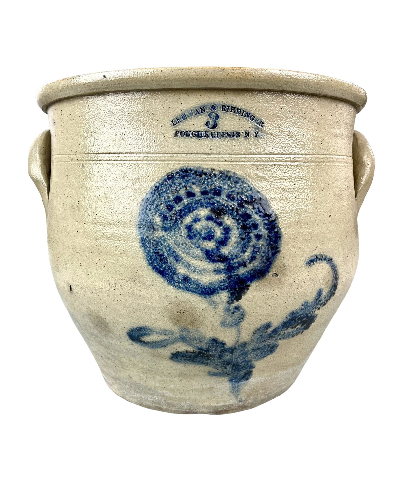 3 Gallon Lehman and Riedinger Poughkeepsie Crock: With cobalt blue decoration, stamped with Lehman and Riedinger, Poughkeepsie, N.Y. 3 gallon crock. Height: 10" From the lifelong collection of Edythe and Donald Aukerman, Centerville, OH. See auction 