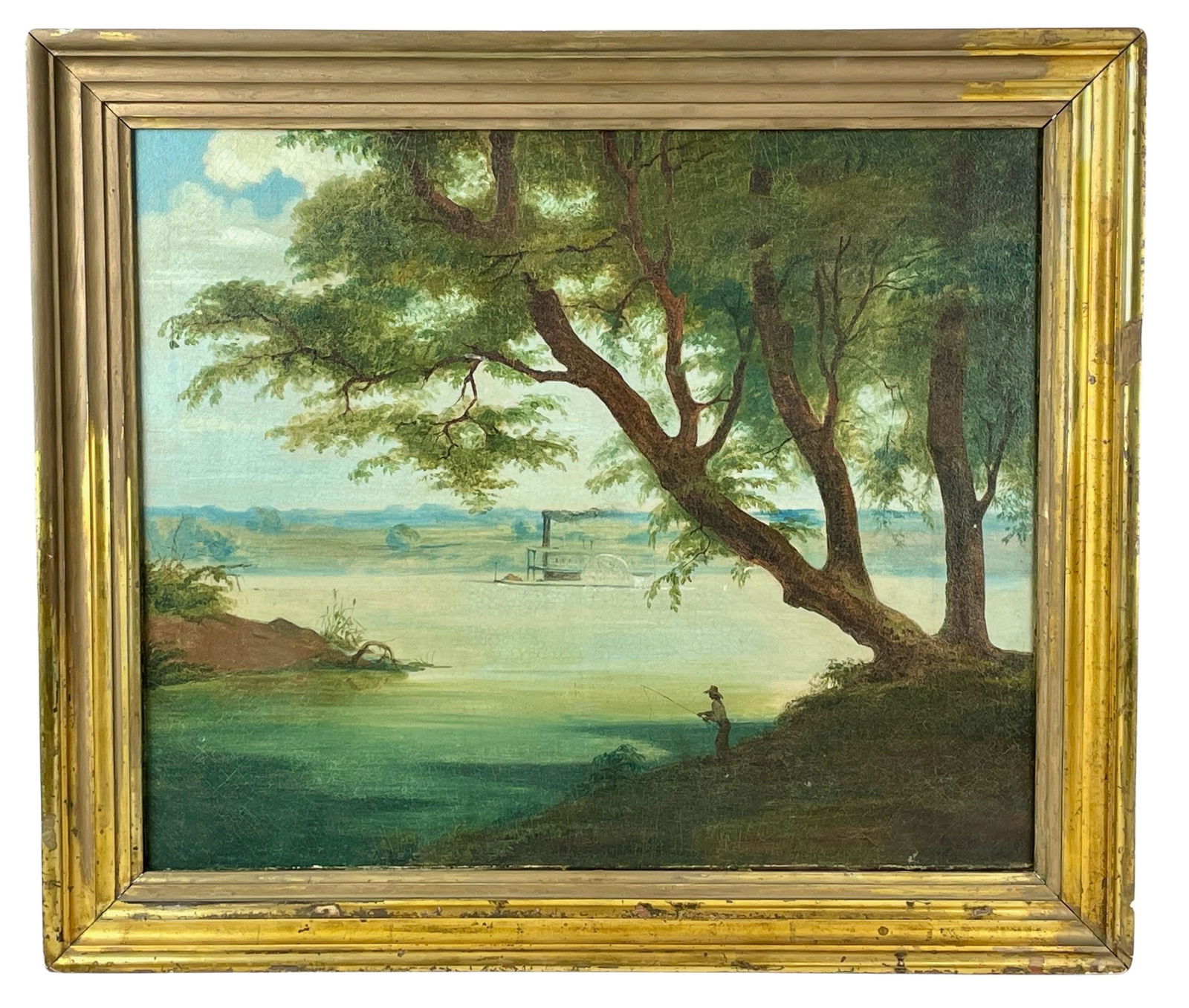 James Henry Beard, River Landscape with Steamboat: American (1811-1893). 19th Century landscape by Beard, a native of Buffalo. Beard spent many years painting in Cincinnati and along the riverbanks in New Orleans, Louisville and Pittsburgh. This expan