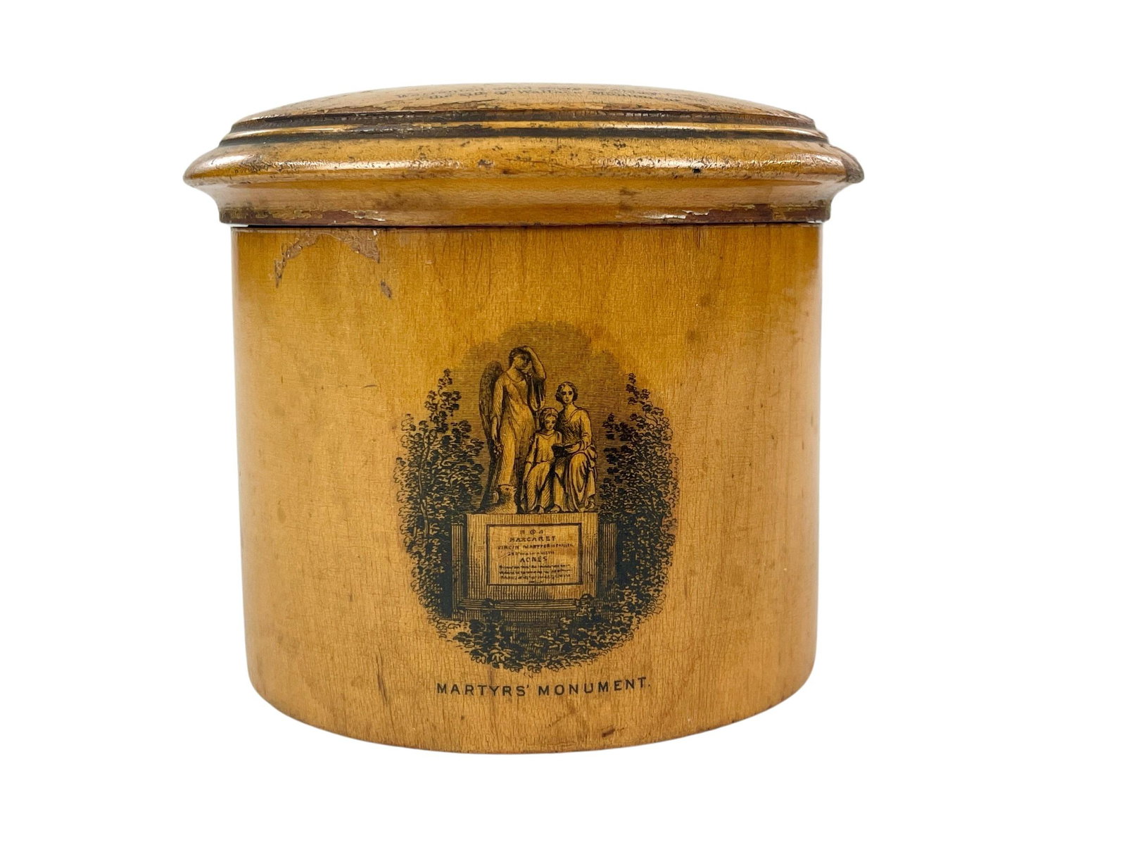 Mauchlinware Caddy, Stirling Castle: A fine depiction of Stirling Castle, Scotland made from wood grown on Abbey Craig. Height: 3" From the lifelong collection of Edythe and Donald Aukerman, Centerville, OH. See auction description for f