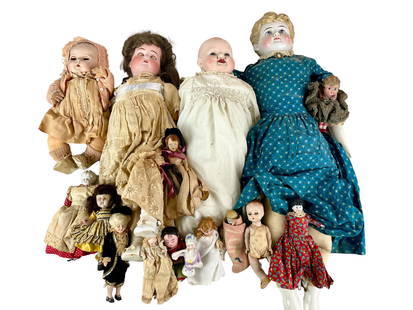 William Hodges' Doll Collection: A collection of 18 various dolls by different makers and states of repair. Largest ht. 23" From the estate and lifelong collection of