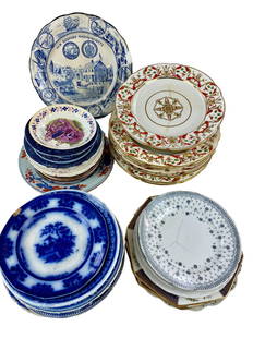Group of B/W, Continental and Chinese Dishes: A large group of porcelain or ironstone dishes, 40 in total, from the Collection of the Late William Hodges. Including flow blue, historical transferware, english transferware, a nice lobed Chinese en