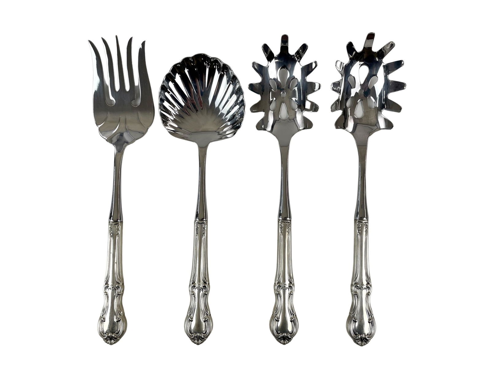 Group of Four Sterling Handled Serving Pieces: All made by Wallace Silversmiths, all with sterling handles. Total weight including the stainless steel servers: 16.03 troy ounces. F