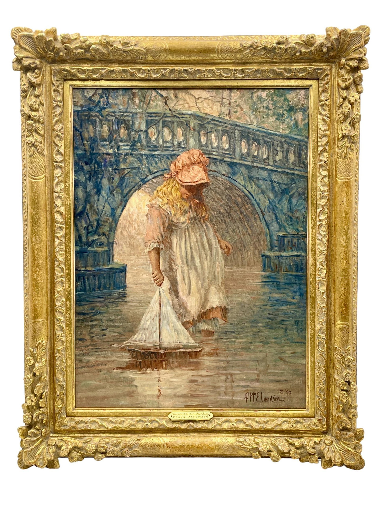 "Amanda at Eden Park Bridge" by Frank McElwain: Frank McElwain (American, b. 1942). Oil on canvas, depicting the subject in the water in Eden park, signed and dated 90 l.r., with plaque to frame. 22" x 15.5" (sight), 29" x 22" (framed).
