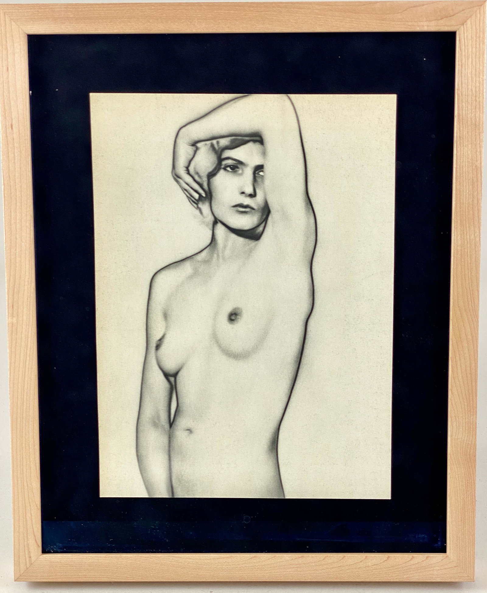 Group of Four Photographic Prints: Including one sheet fed gravure by George Platt Lynes engraved by La Nogravure, Paris, France. Additional pieces include a nude print, a signed print of a woman and an abstract. Largest framed size: 1