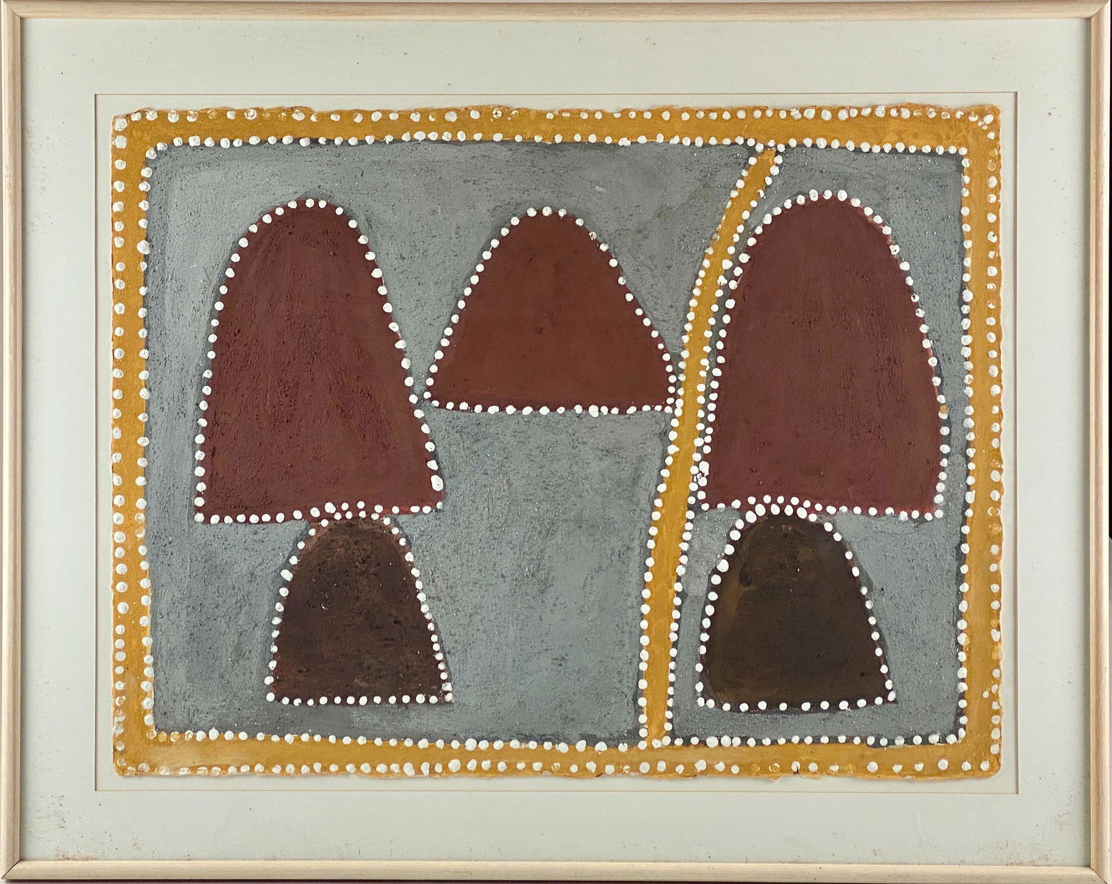 Queenie McKenzie (Nakarra), "Jimbamiling": (1916-1998) Ohcre acrylic on handmade paper, dated to 1995 and titled/labeled on verso. Housed in a simple wooden frame, matted and under plexiglass. Size of work: 22.5" ht. x 30" wd., framed size: 30