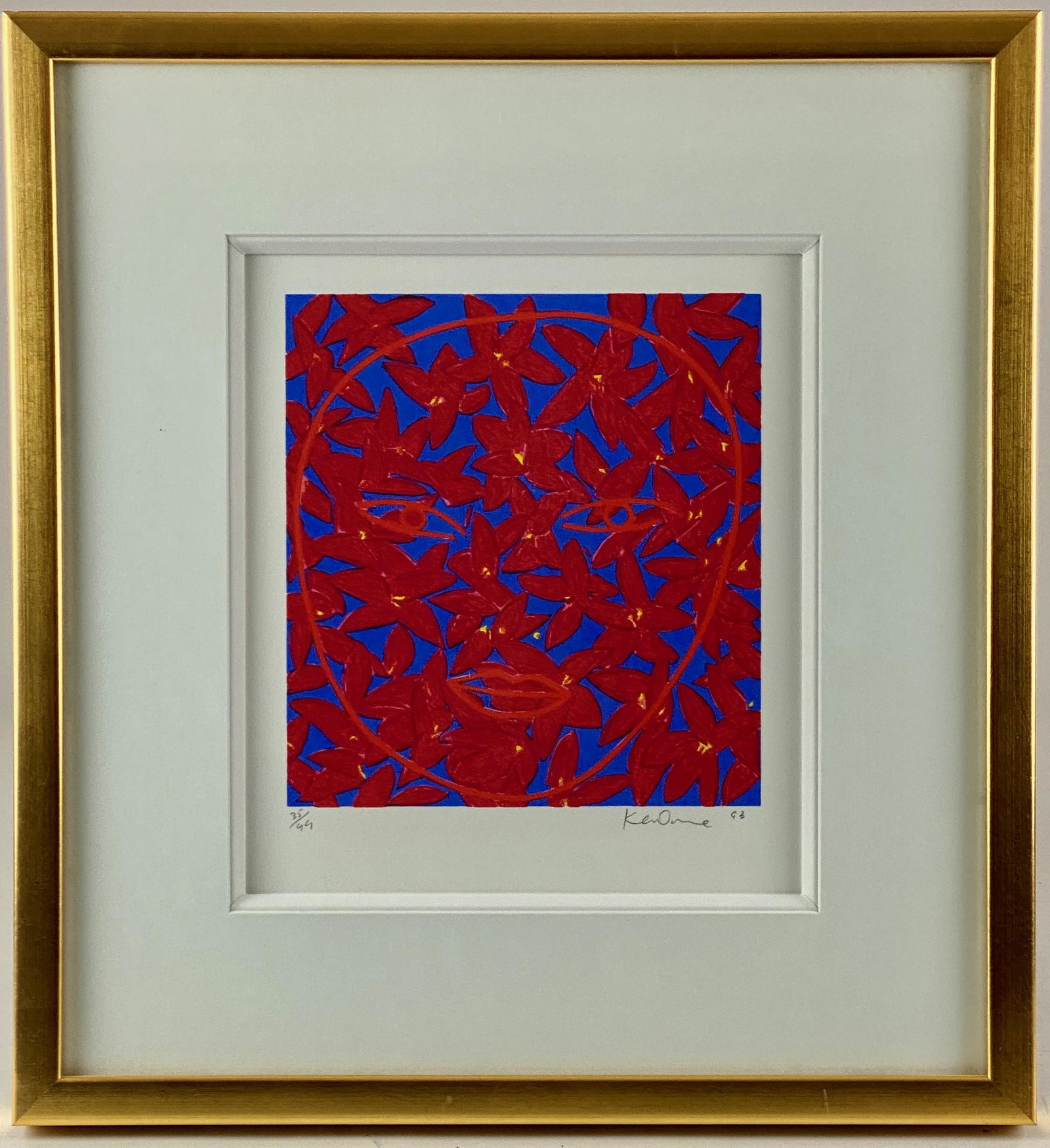 Ken Done 1993 Color Lithograph: Numbered 35/99 and signed in pencil to the lower right, a floral lithograph housed in a gilt frame and matted. Sight size: 11" ht. x 10" wd., Framed size: 23" ht. x 21.5" wd.