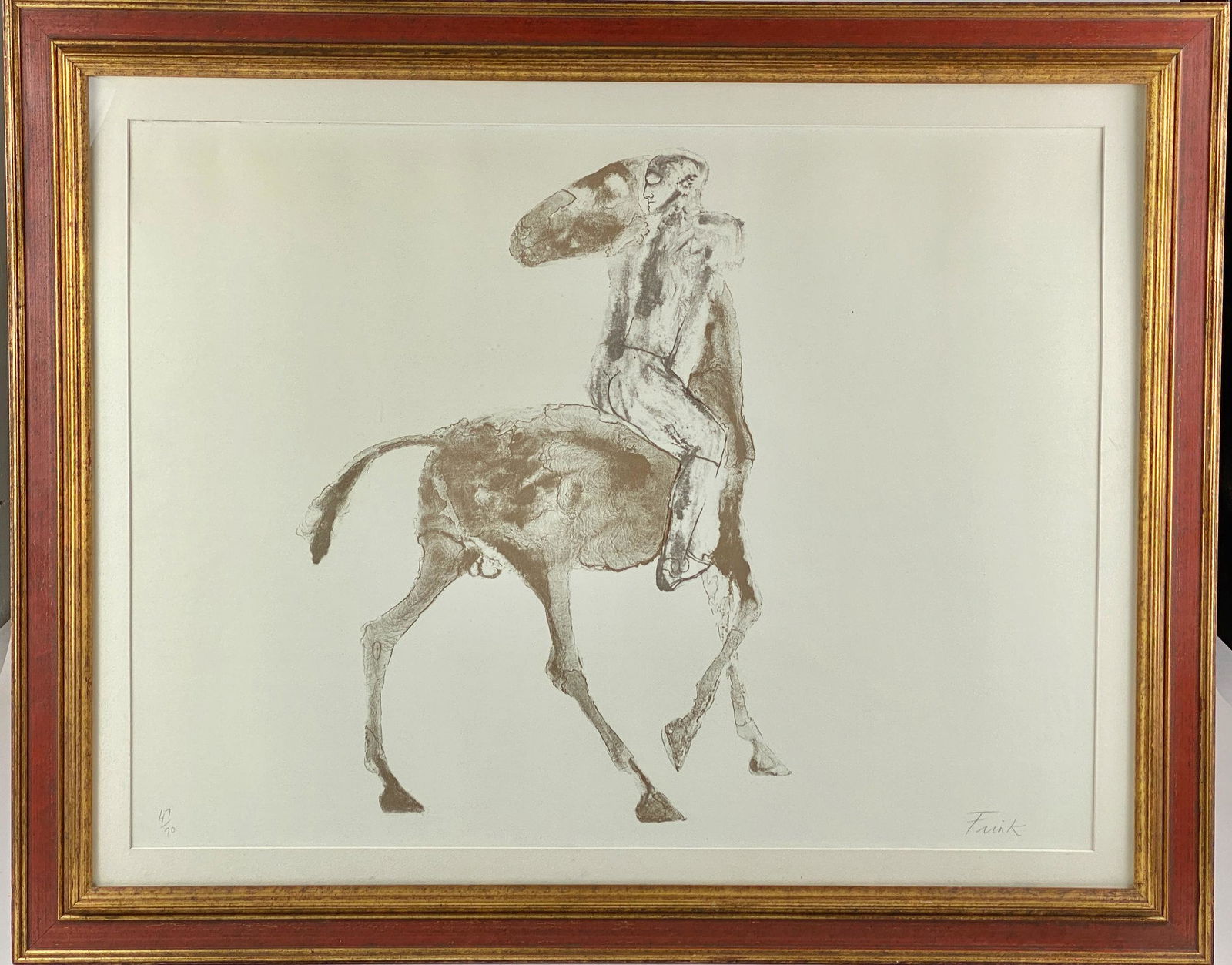Dame Elisabeth Frink, Lithograph: (British, 1930-1993), a limited edition lithograph depicting a rider atop a horse. Numbered 47/70 in the lower left and signed Frink in pencil to the lower right. Sight size: 22" ht. x 20" wd., framed