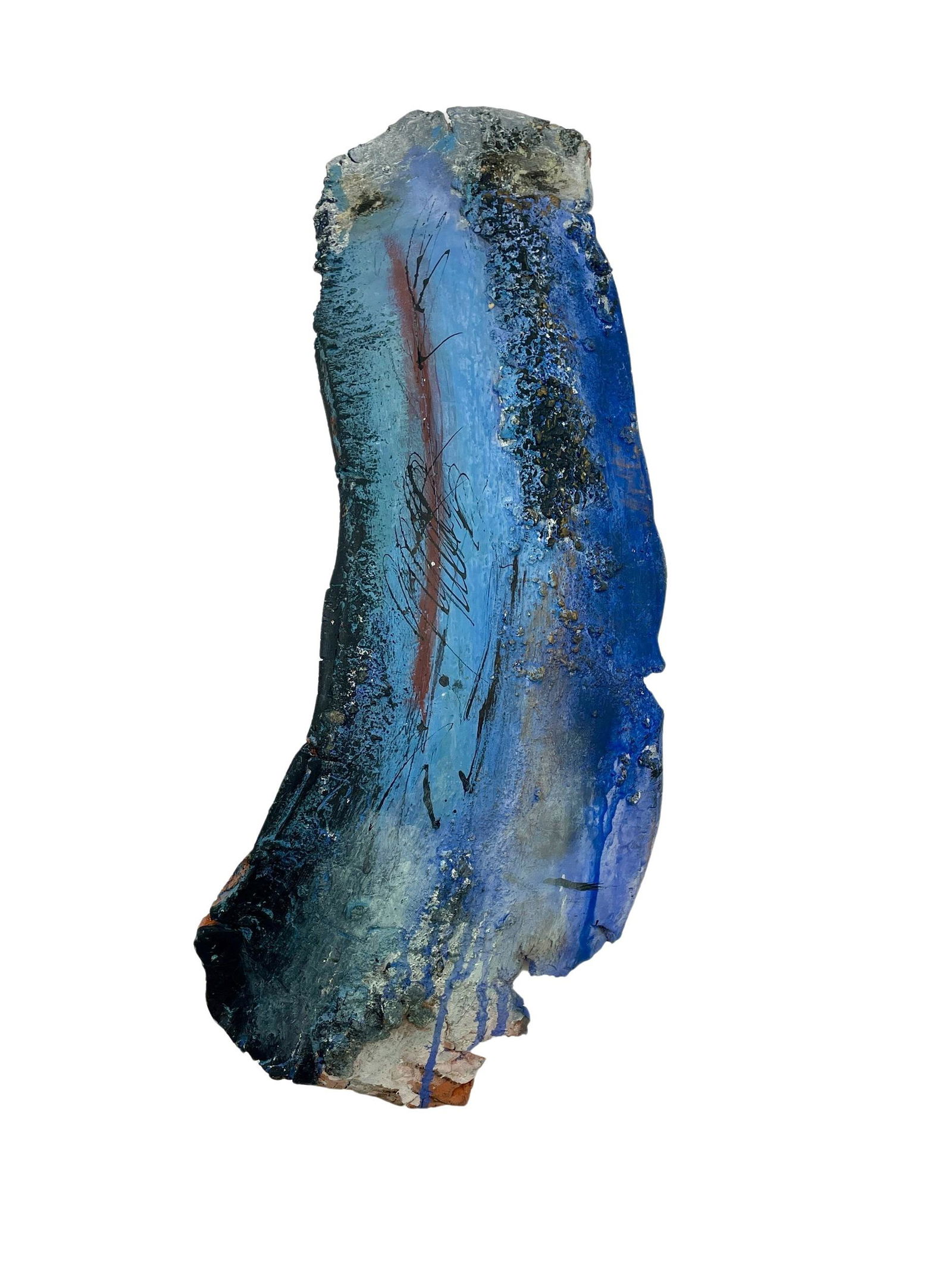 Mixed Media Painting by Juliet Holland, "Volcanic Blue": Juliet Holland (American, 20th century). Oil and sand on a pottery shard ground, titled to verso. 25" x 8".