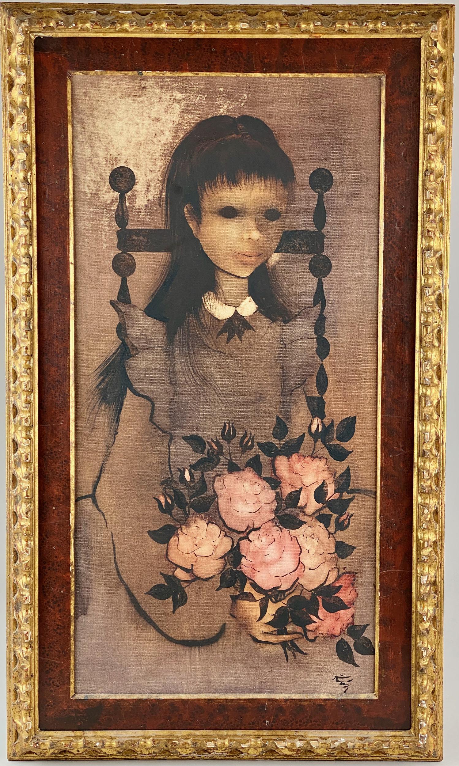 Richard Kirk, Oil on Canvas Portrait of a Girl: American (b. 1932), an oil on canvas portrait of a young girl with a bouquet of flowers in hand. Housed in an ornate contemporary frame. Sight size: 30" ht. x 14.5" wd., framed size: 36" ht. x 21" wd.