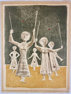 "Diabolo" Proof Lithograph by Massimo Campigli: Massimo Campigli (Italian, 1895-1971). Lithograph in colors, signed l.r. and dated 54, noted as a proof in l.l. margin. Unframed. 26" x 19.5" (sheet size).