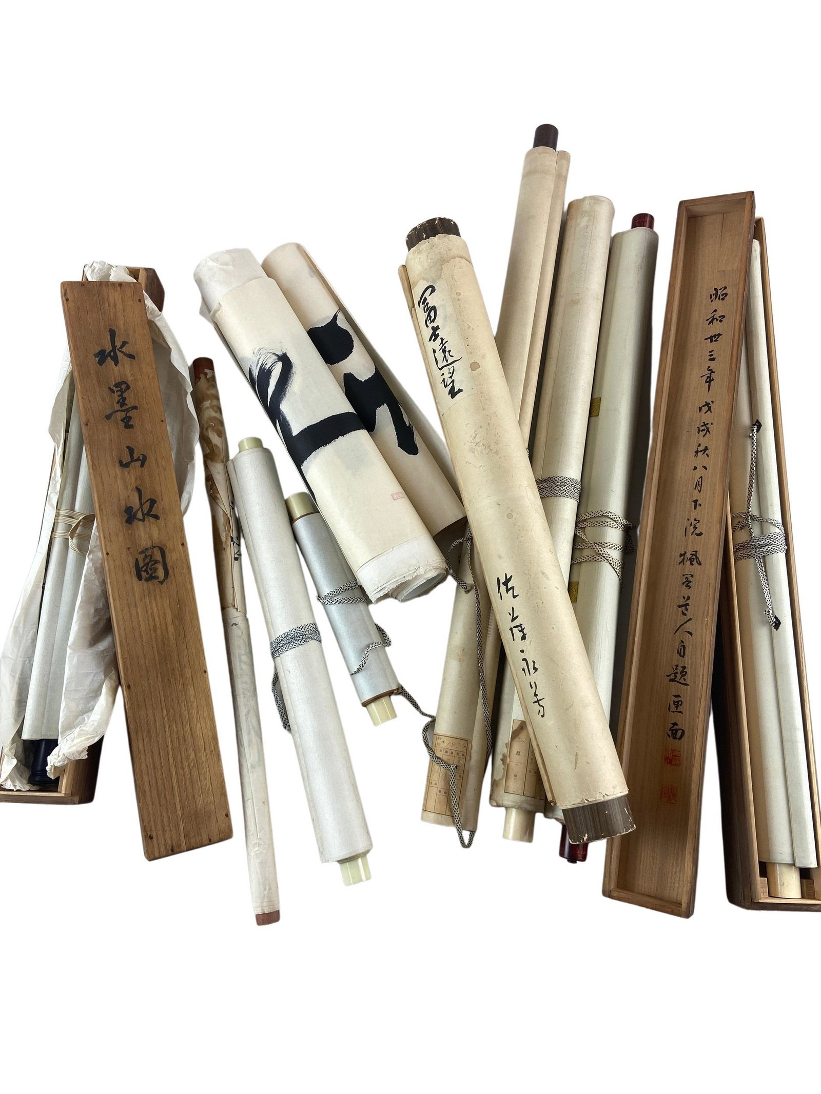 Collection of Calligraphy and Artist Scrolls: Several in older boxes, inscribed, several loose, mostly consisting of calligraphic studies. From the Estates of Reiko (Sakagami) Baum (1927-