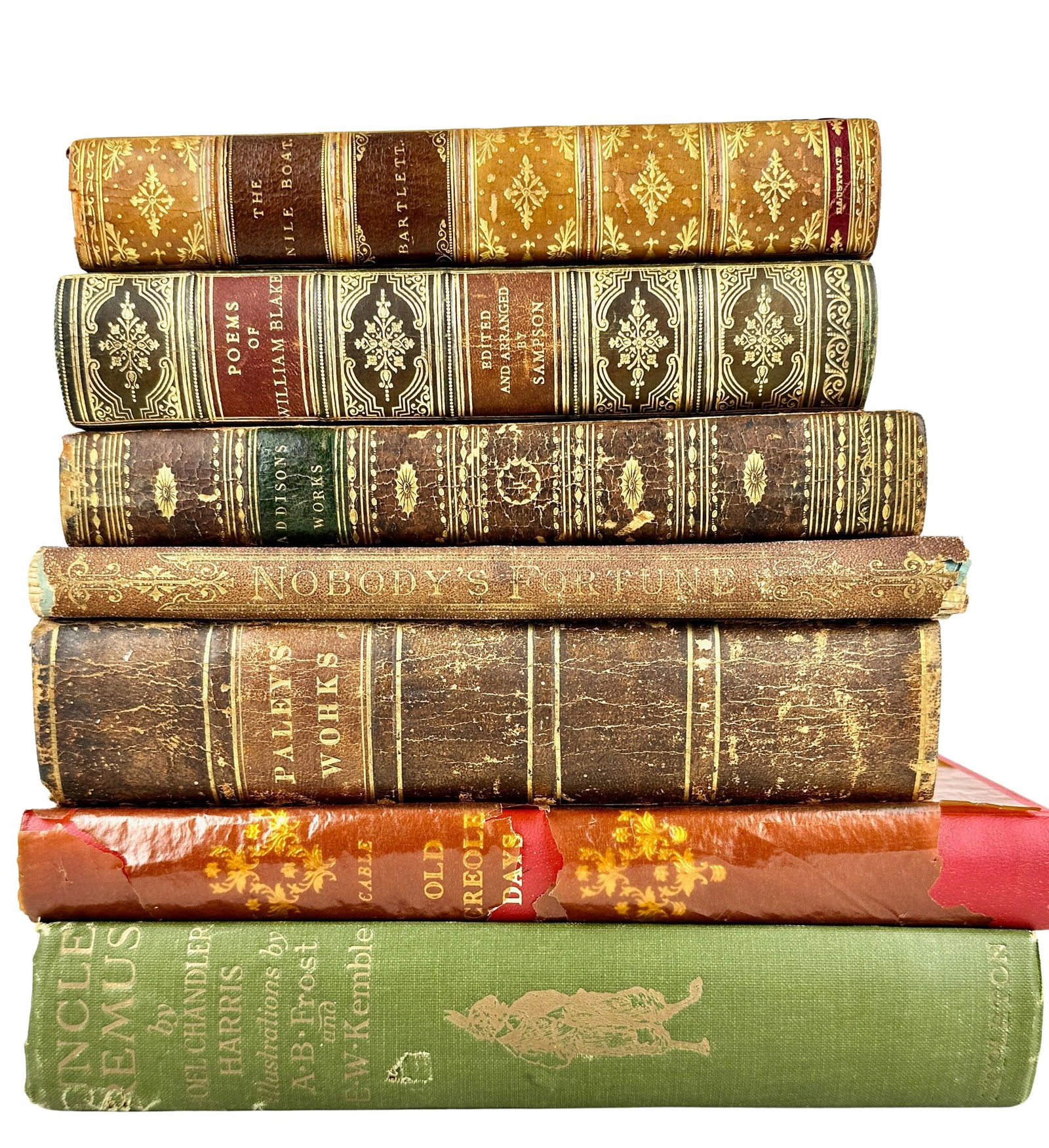 Group of 7 Antique Books: Including Old Creole Days, Uncle Remus, Poems of William Blake, Paley's Works, The Nile Boat, Nobody's Fortune and Addison's Works. From the estate and lifelong coll