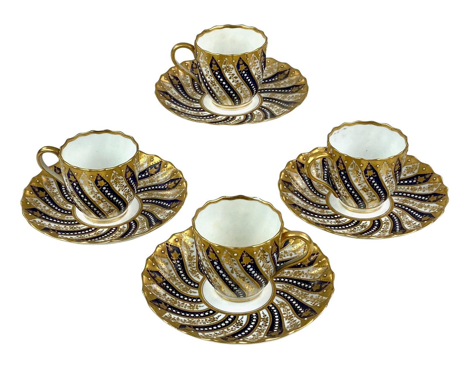 Collection of 4 Spode Teacups with Saucers: Spode, Copeland, Spoke Upon Trent. Blue and gilt decoration. From the estate and lifelong collection of William Garrett Hodges (1946-2014). Hodges was a Virginia-bas