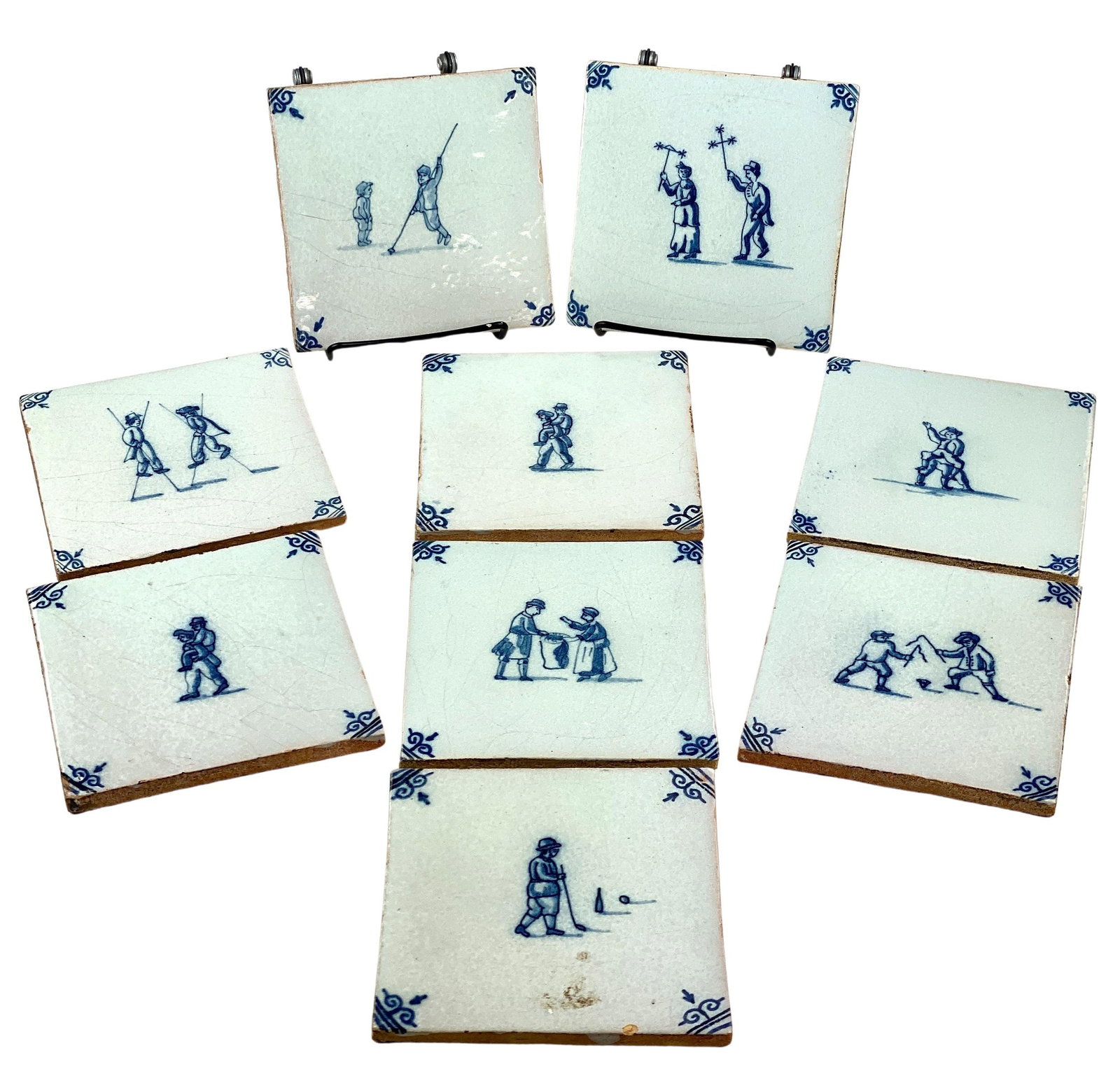 Collection of 9 Glazed Tiles with Figures: Each measuring at 5.25" square. From the estate and lifelong collection of William Garrett Hodges (1946-2014). Hodges was a Virginia-based dealer of fine arts, with