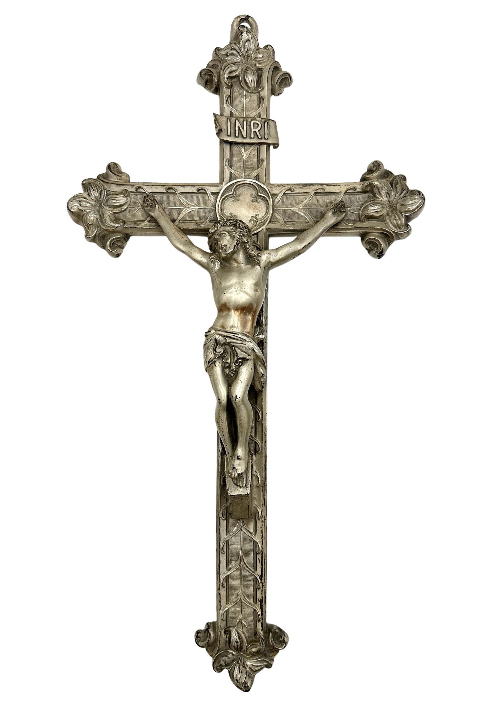 Cast Iron Crucifix: A silver patinated iron crucifix, well cast. Ht. 19".