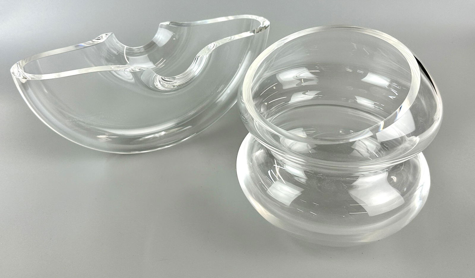 Pair of Steuben Glass Occassional Bowls: Interesting form, candy dishes or other. Largest is 6.5" ht.