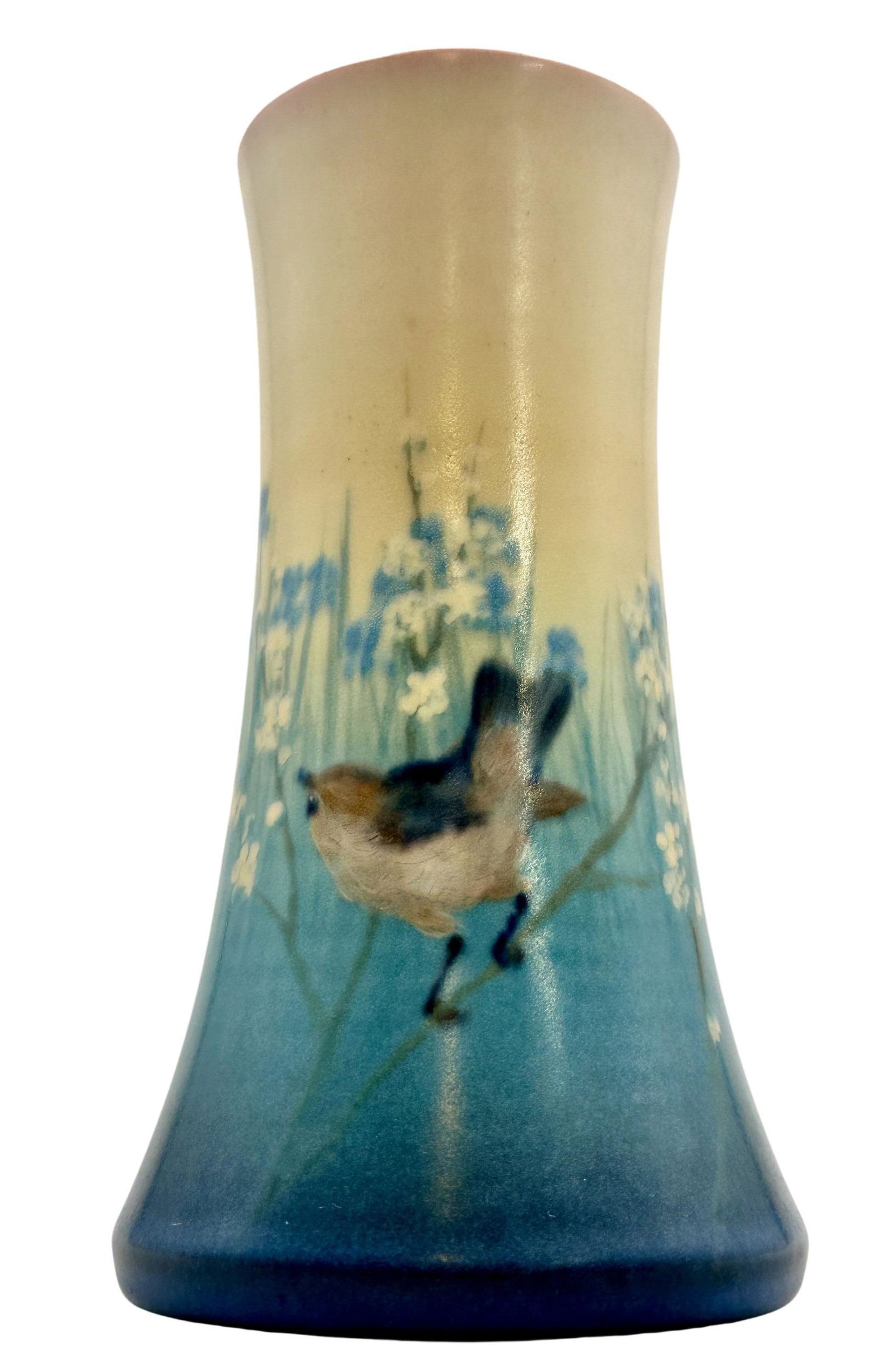 Rookwood Pottery: E.T. Hurley Vellum with Birds: Vellum glaze scenic with birds perched on flowering branches. Deep blues, to cream. 1930. Shape 1358E. Signed with artist cipher to underside. Uncrazed. 7.25" ht.