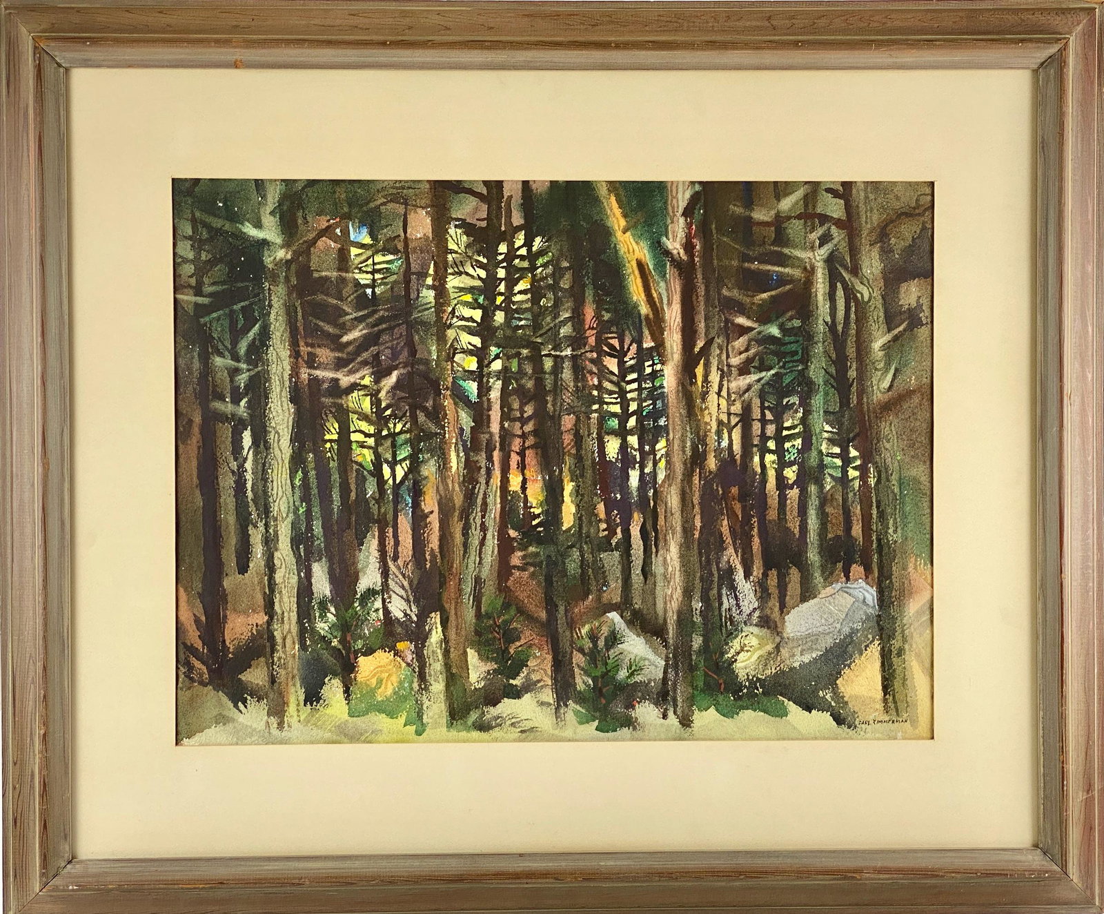 Watercolor Landscape by Carl Zimmerman: Carl Zimmerman (American/Cincinnati, 1900-1985). Watercolor on paper, signed l.r., depicting a forest interior. Housed in a substantial frame with mat. 21.5" x 28.5" (sight), 37" x 42" (framed).