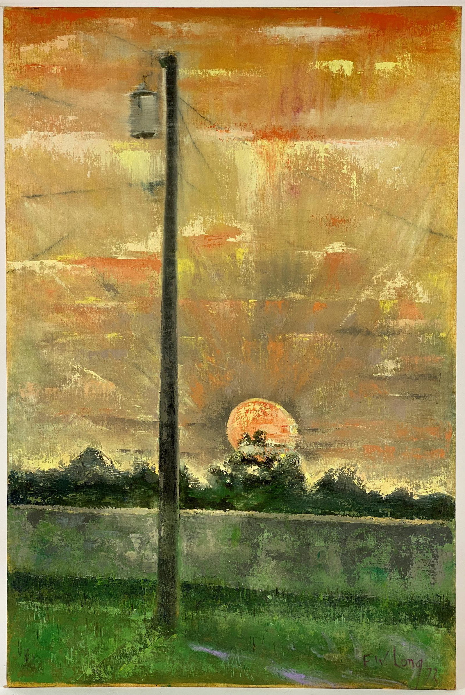 "Berea Sunset" by Frank Weathers Long: Frank Weathers Long (American/Kentucky, 1906-1999). Oil on academy board, signed and dated l.r., and again signed and dated to board's verso. Unframed. 36" x 24".