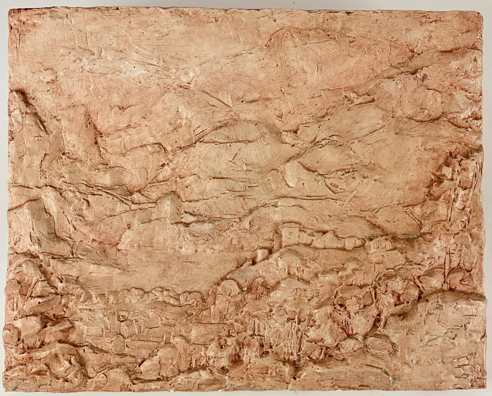 Ronen Sharabani, "After Brueghel": A plaster carved three-dimensional piece, titled "After Brueghel" and dated 2002. CDS gallery label affixed to the back. Size: 14.75" ht. x 18.5" wd.