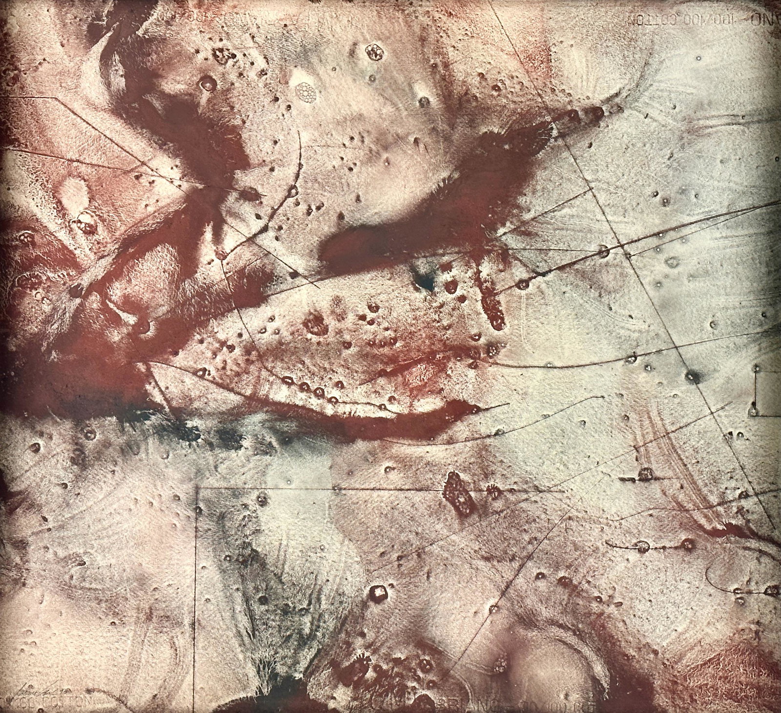 Jaime Saurez, "Erosion II": (Puerto Rican, b. 1946), clay on paper, dated 1994 and titled "Erosion II". With CDS gallery label affixed to back. Signed to the lower left on front. Housed in a simple contemporary silver frame. Sig