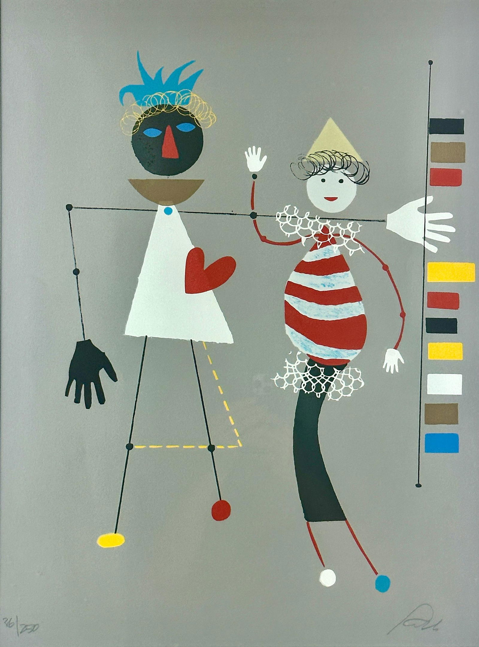 Clowns Serigraph by Wolfgang Roth: Wolfgang Roth (German, 1910-1988). Silkscreen on paper, signed and numbered in lower portion. 23.5" x 17.5" (sight), 32" x 26" (framed).