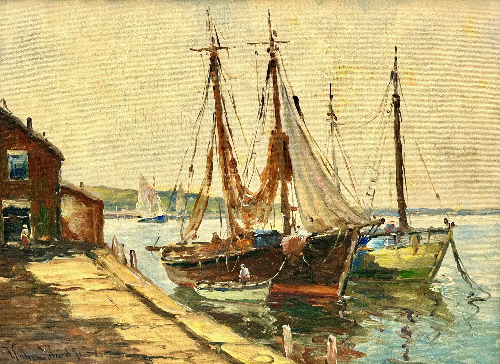 "A Briton Pier" Marine Scene by William Ward, Jr.: William Ward Jr. (American, 1901-1985). Oil on canvas board. Signed l.r., titled on verso. 11.75" x 16.5" (sight), 16.5" x 20.5" (framed).