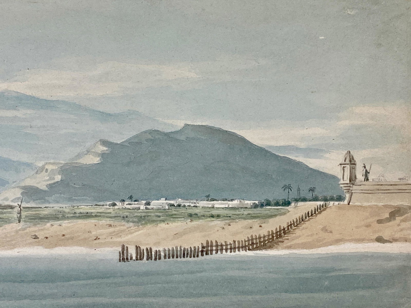 Circa 1820 Watercolor of Lima, Peru by J. Perry: A wide landscape depicting mountains in Lima and seascape, signed to the lower right in pencil by J. Perry. Laid down to card stock and matted. Size: 6.5" ht. x 19" wd.