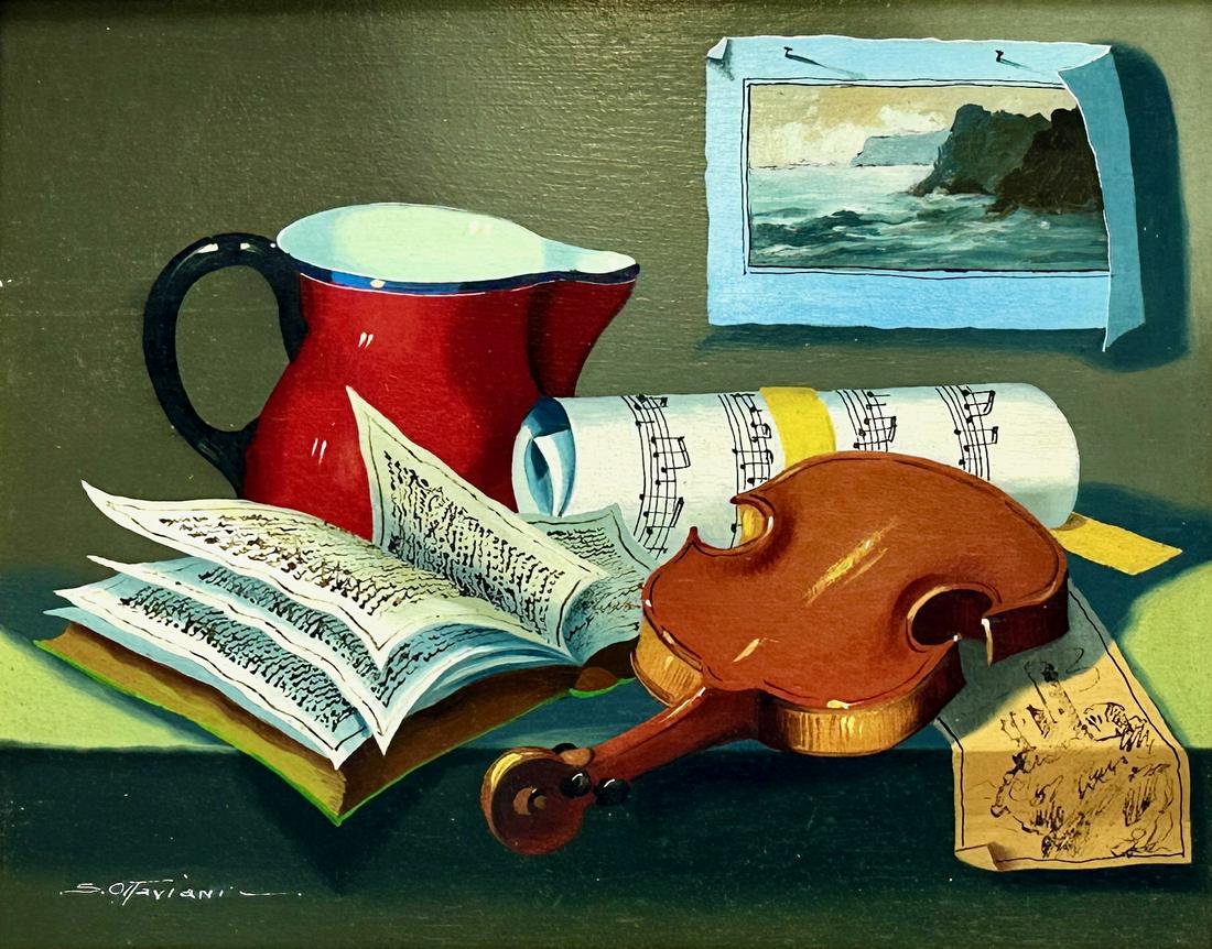 Silvio Ottaviani Tromp L'oeil Still Life: Sylvio Ottaviani (Italian, b. 1933). A charming oil on board, with music sheets, vioiin and painting affixed to wall, signed l.l. 8" x 9.5" (sight), 13" x 15" (framed).