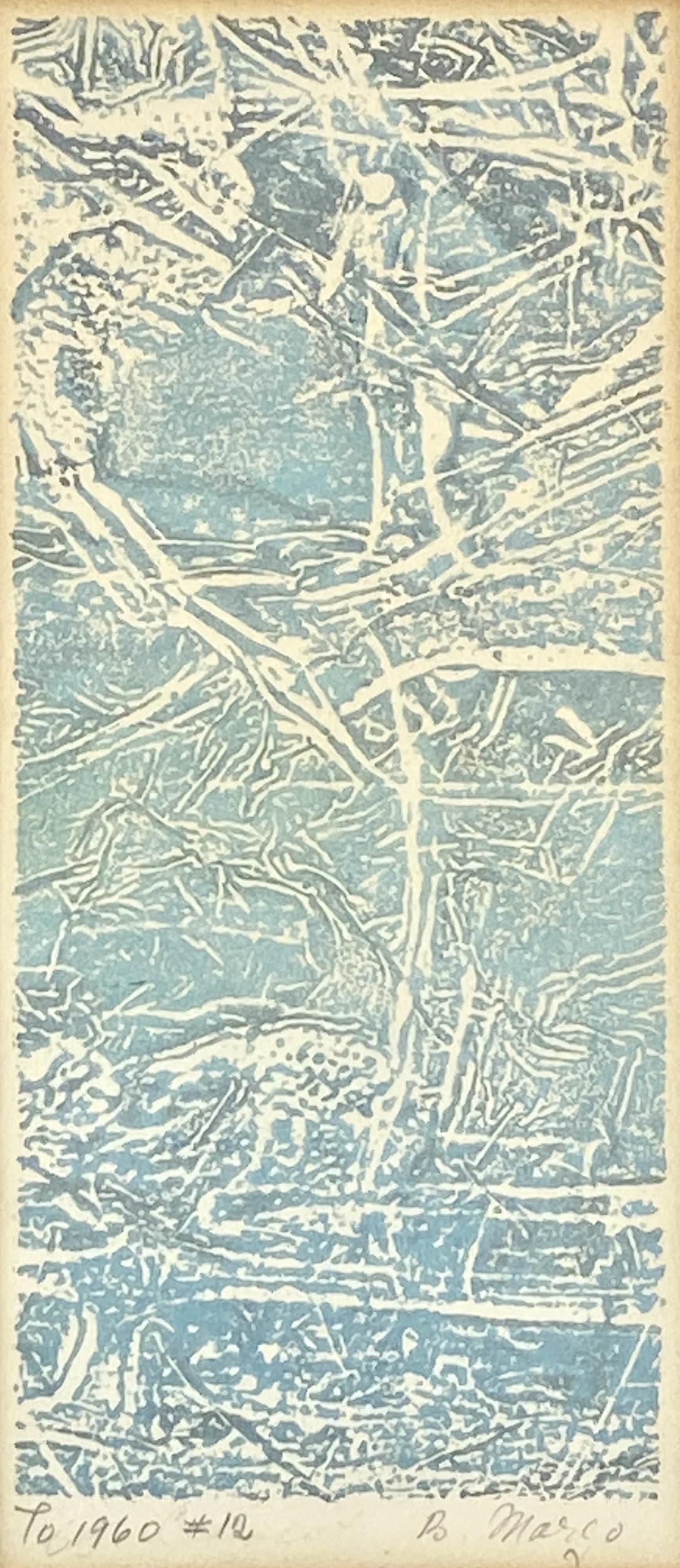 Boris Margo, Modernist Cellocut: (Ukrainian, 1902-1995). cellocut on heavy paper, signed to the lower right and titled "To 1960, #12". 6" x 2.75" (impression size); 10.5" x 6.5" (frame). Fine