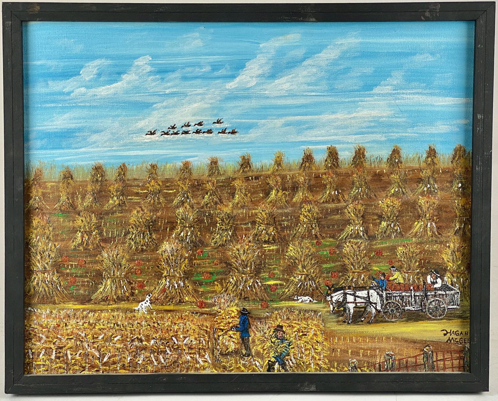 Hagan McGee, "Ducks Going South": (American/Kentucky, b. 1927). Folk Art oil on canvas scene of a pumpkin patch amidst the corn fields. 17" x 21" (framed). Fine art from the Collect