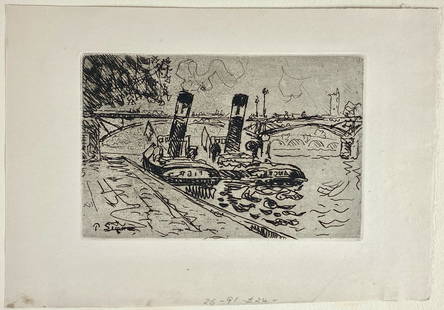 Paul Signac, Pont des Arts Etching: (French, 1863-1935), Original etching sold by the Ferdinand Roten Galleries, Baltimore, MD. Plate size: 5" ht. x 7.25" wd. Fine art from the