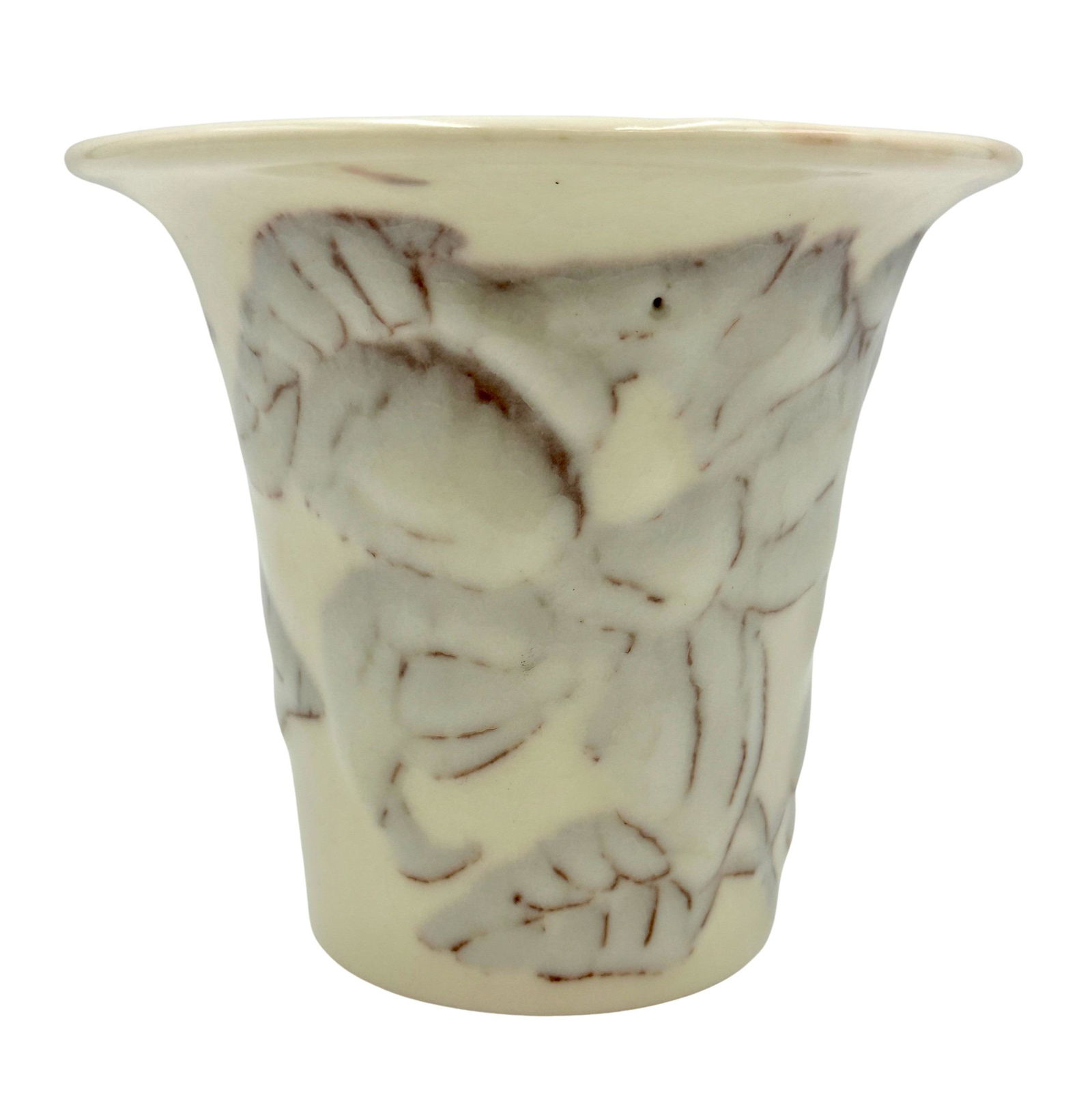 Elizabeth Barrett, Rookwood Pottery: 1944. A thick white glaze over dark red and brown fruit and leaf design. Shape number 6305. Signed, marked and dated to underside. Ht. 5".